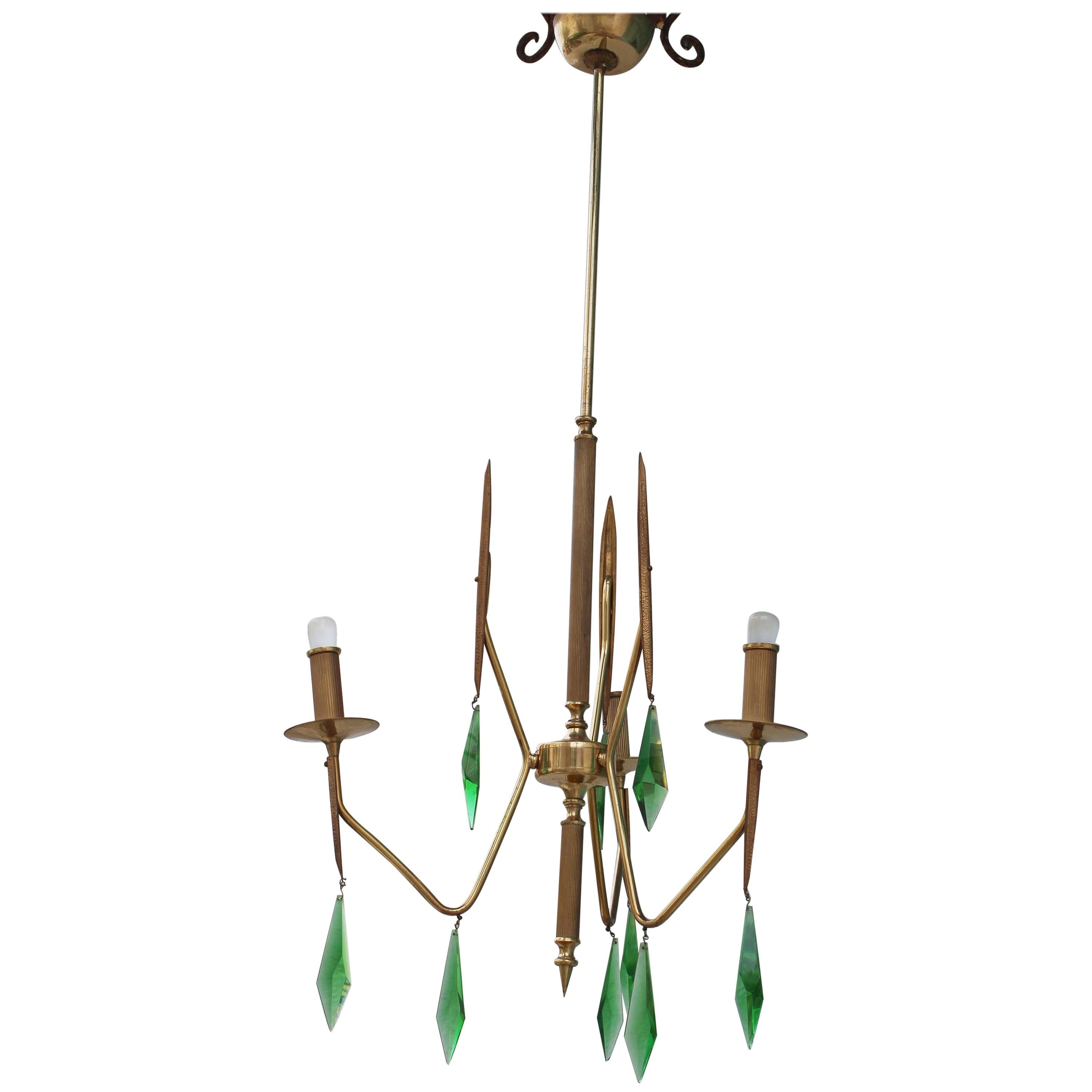 Brass Chandelier with a Murano Handcut Emerald Glass For Sale