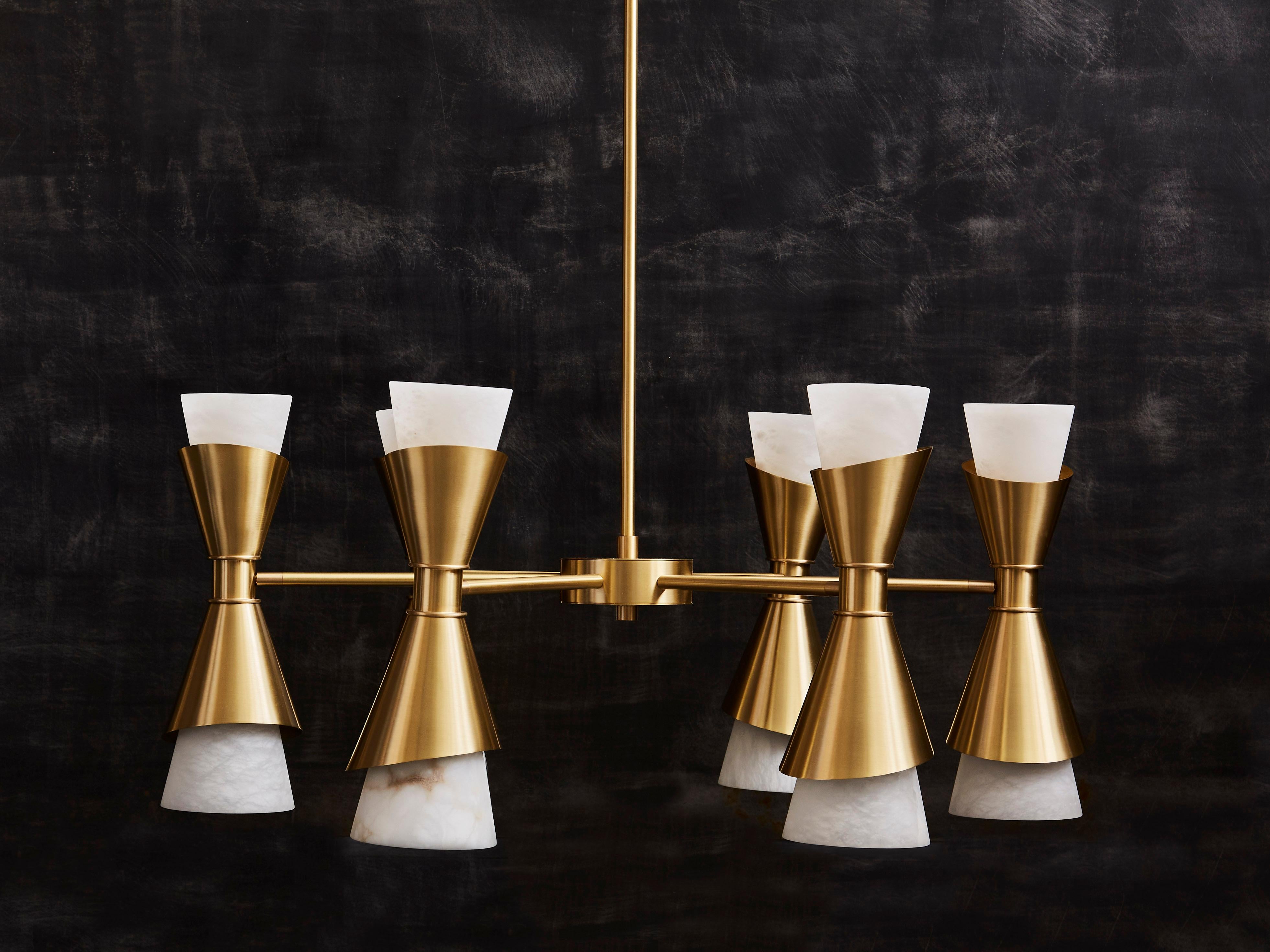 Modern Brass Chandelier with Alabaster Cones by Glustin Luminaires For Sale