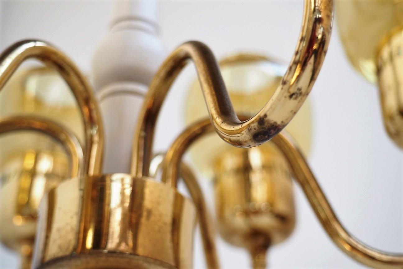 Brass Chandelier with Amber Glass Shades by Swedish Hans Agne Jakobsson, 1960s For Sale 6