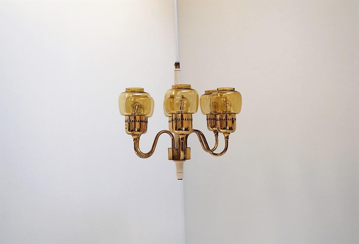 Mid-Century Modern Brass Chandelier with Amber Glass Shades by Swedish Hans Agne Jakobsson, 1960s For Sale