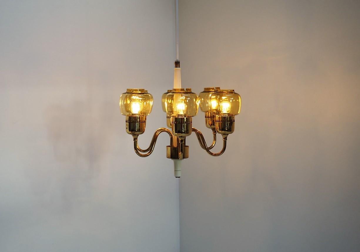 Lacquered Brass Chandelier with Amber Glass Shades by Swedish Hans Agne Jakobsson, 1960s For Sale