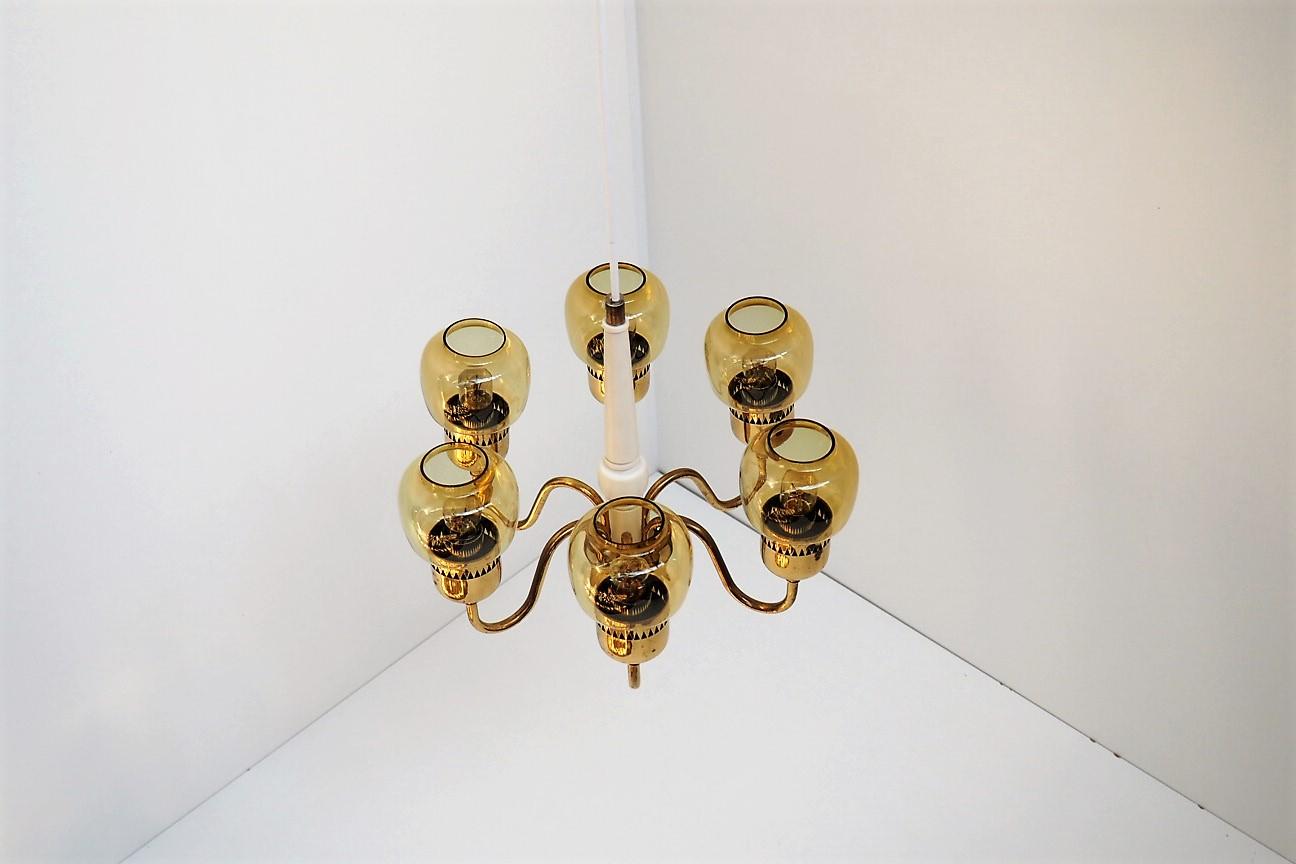 Mid-20th Century Brass Chandelier with Amber Glass Shades by Swedish Hans Agne Jakobsson, 1960s For Sale