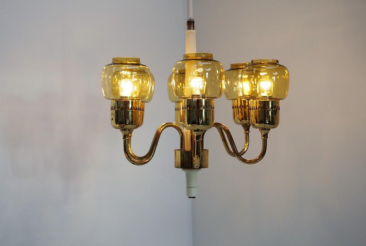Brass Chandelier with Amber Glass Shades by Swedish Hans Agne Jakobsson, 1960s For Sale 1
