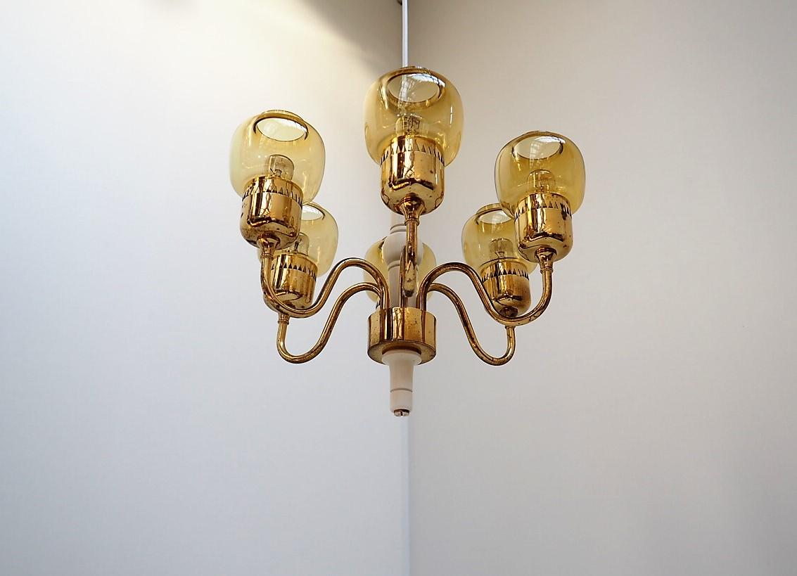 Brass Chandelier with Amber Glass Shades by Swedish Hans Agne Jakobsson, 1960s For Sale 2
