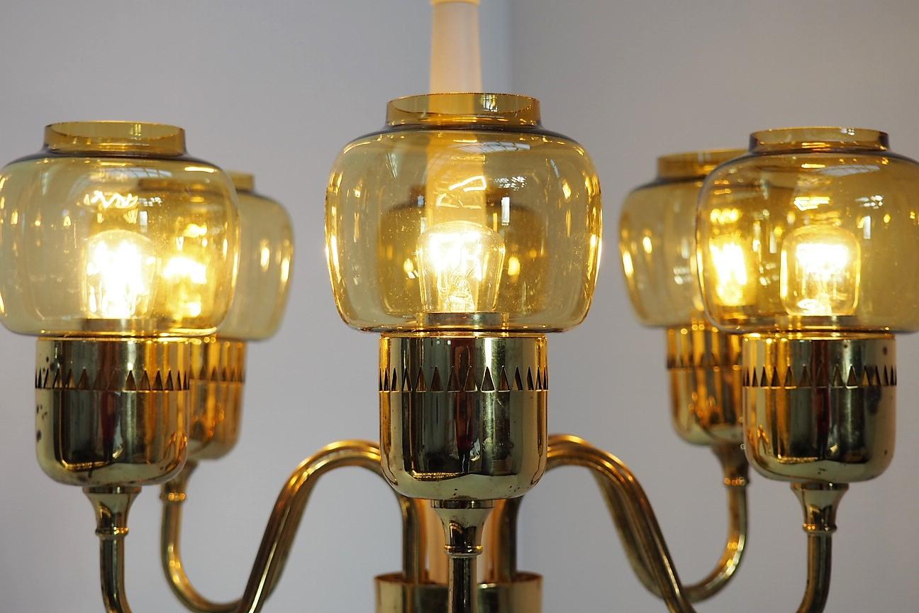 Brass Chandelier with Amber Glass Shades by Swedish Hans Agne Jakobsson, 1960s For Sale 3