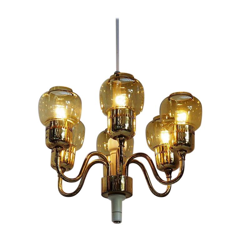 Brass Chandelier with Amber Glass Shades by Swedish Hans Agne Jakobsson, 1960s For Sale