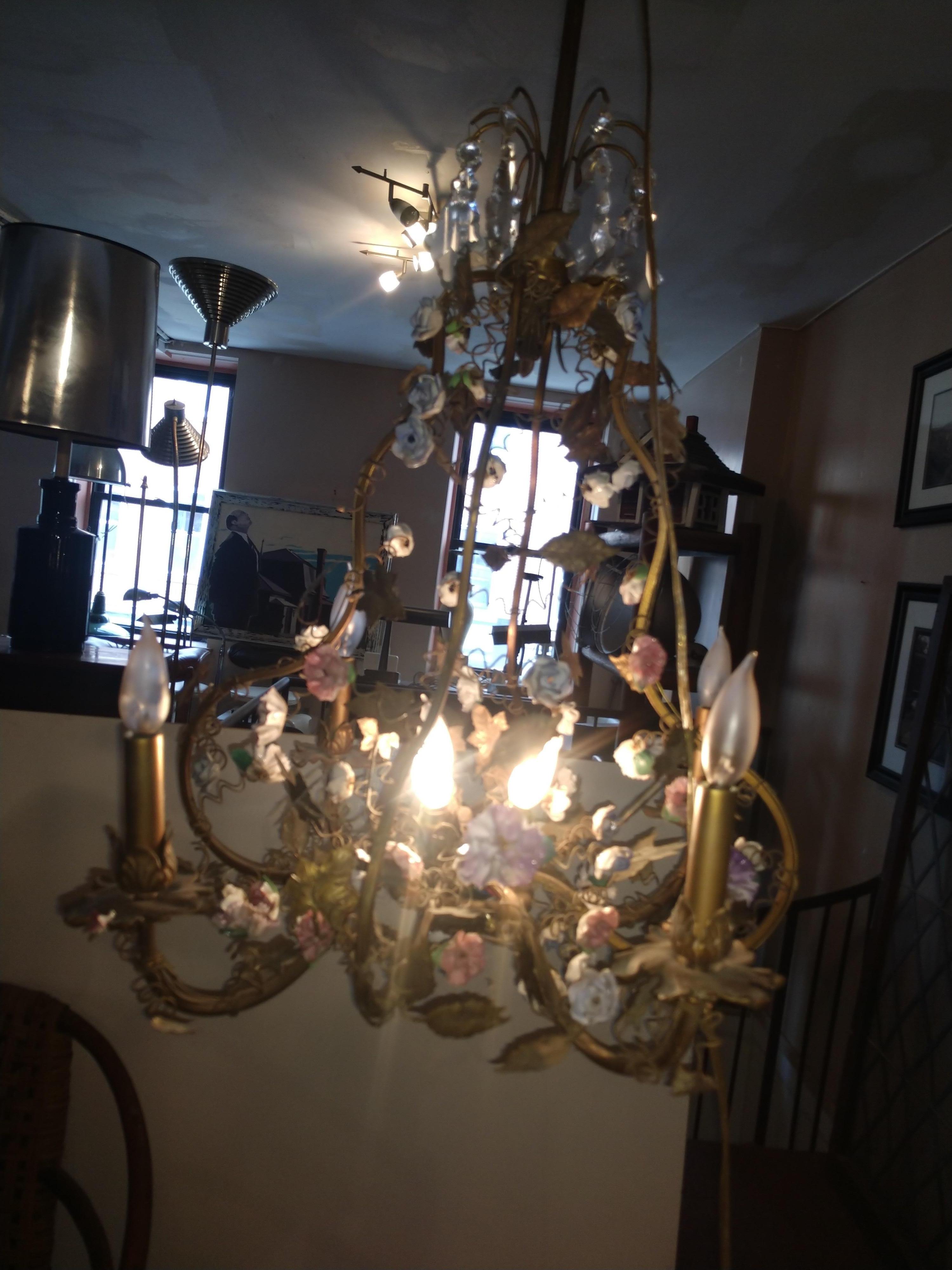 Brass Chandelier with Enameled Florets and Patinated Leaves For Sale 7