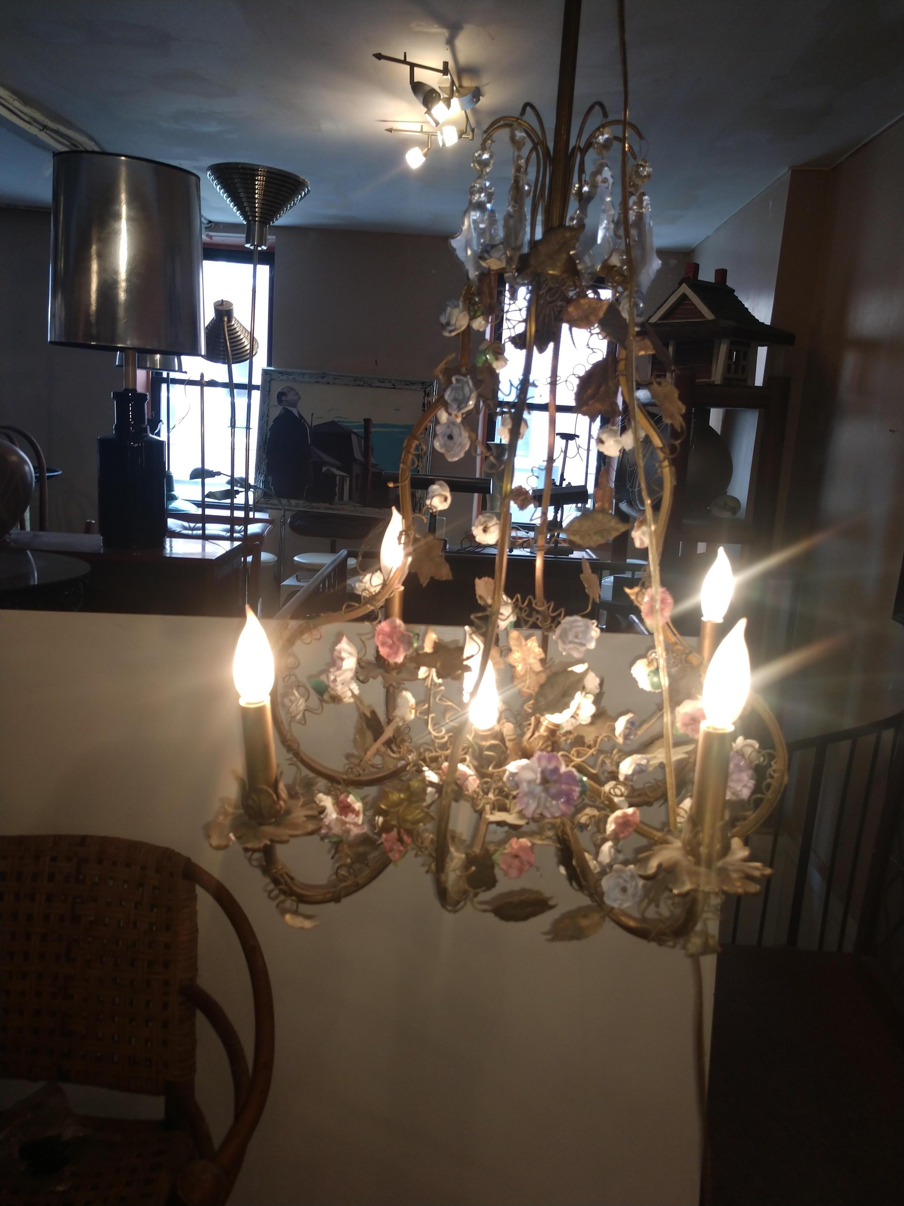 Brass Chandelier with Enameled Florets and Patinated Leaves For Sale 8