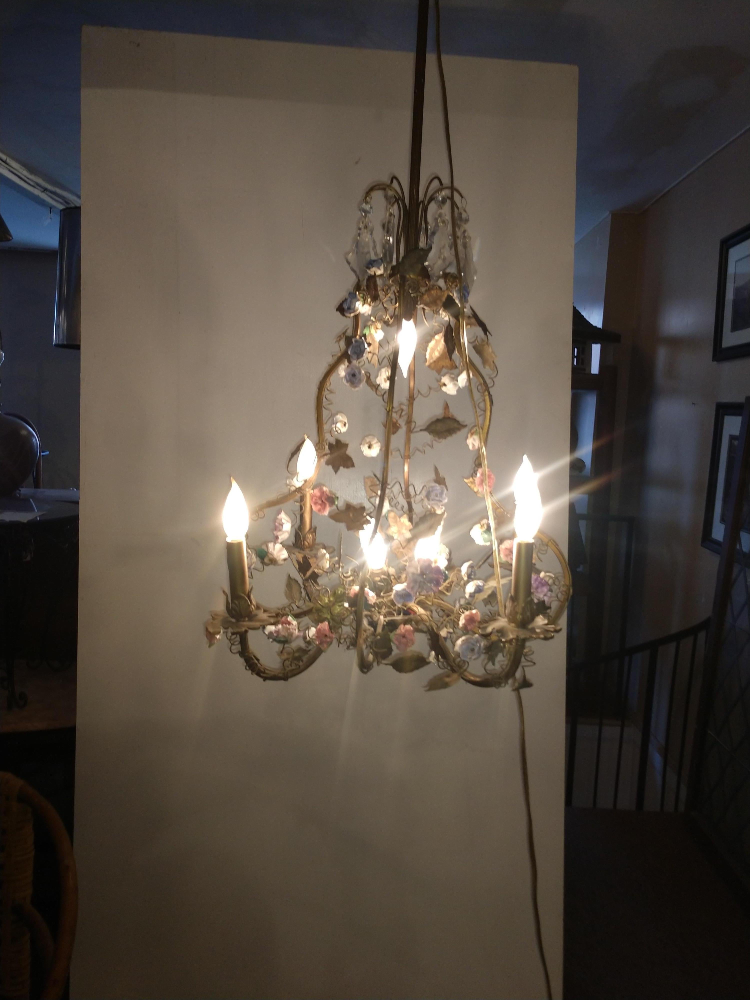 Mid-20th Century Brass Chandelier with Enameled Florets and Patinated Leaves For Sale