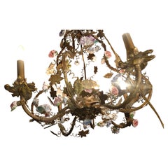 Brass Chandelier with Enameled Florets and Patinated Leaves