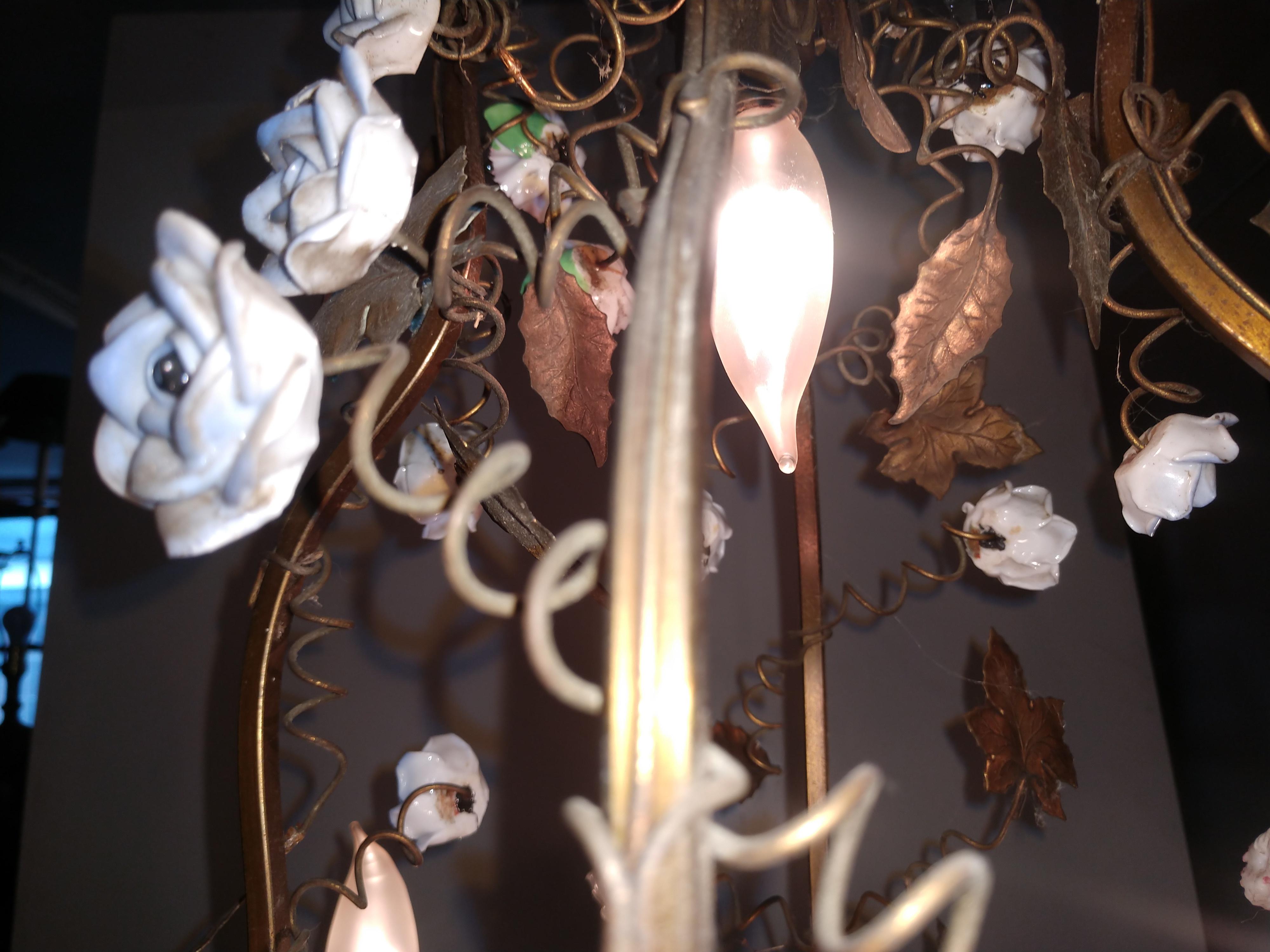 Brass Chandelier with Enameled Florets and Patinated Leaves For Sale 1