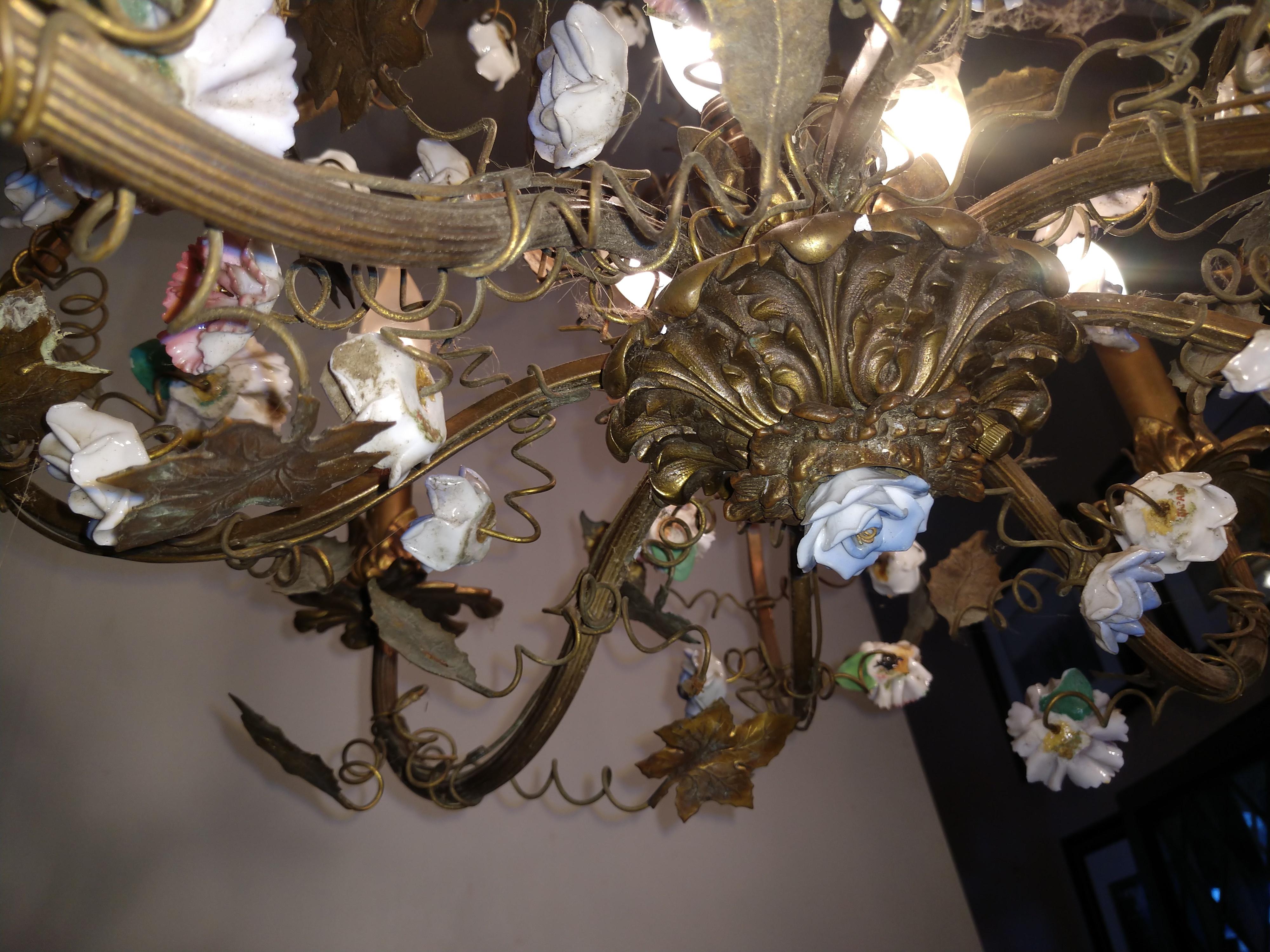 Brass Chandelier with Enameled Florets and Patinated Leaves For Sale 2