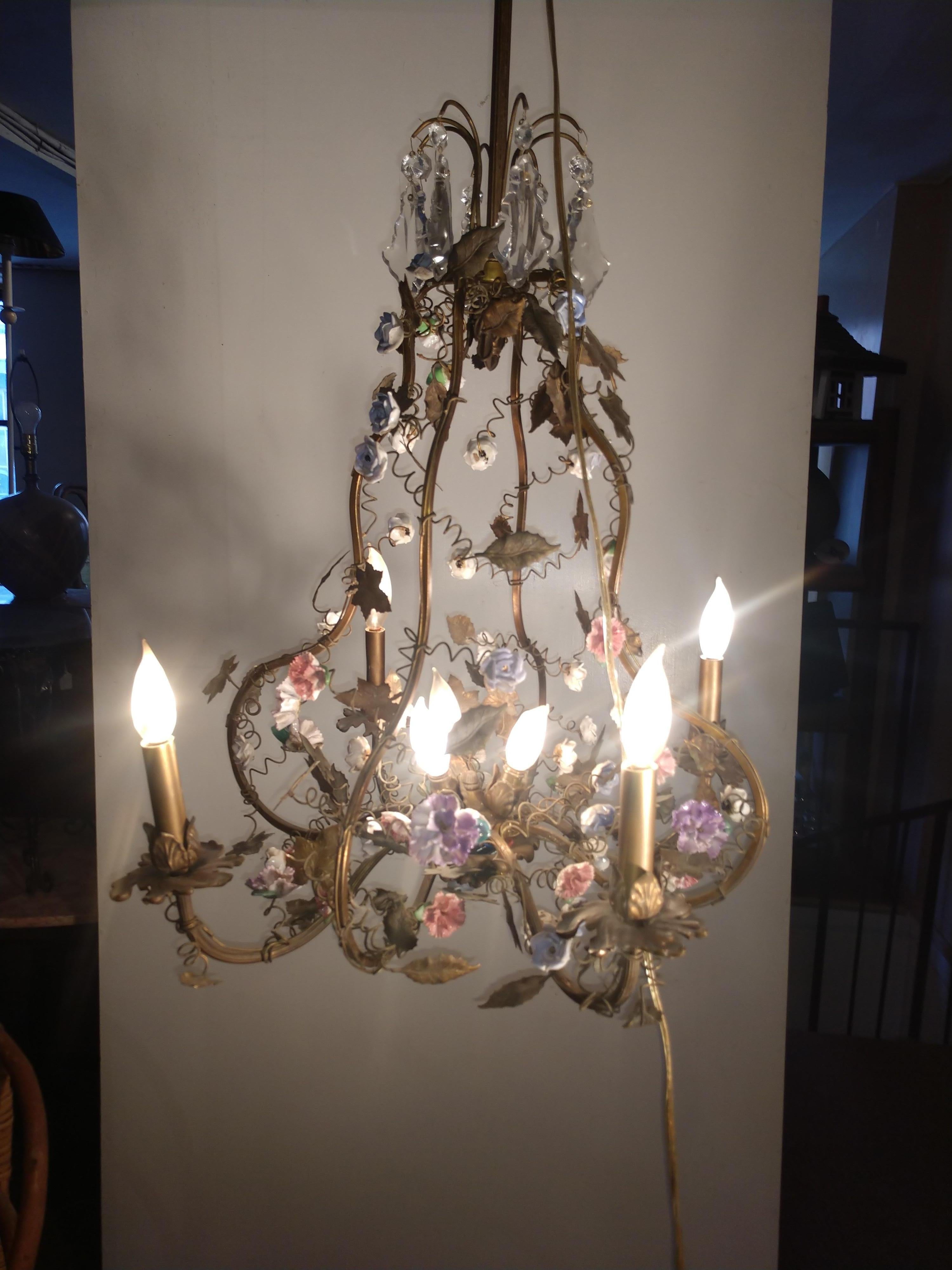 Brass Chandelier with Enameled Florets and Patinated Leaves For Sale 4