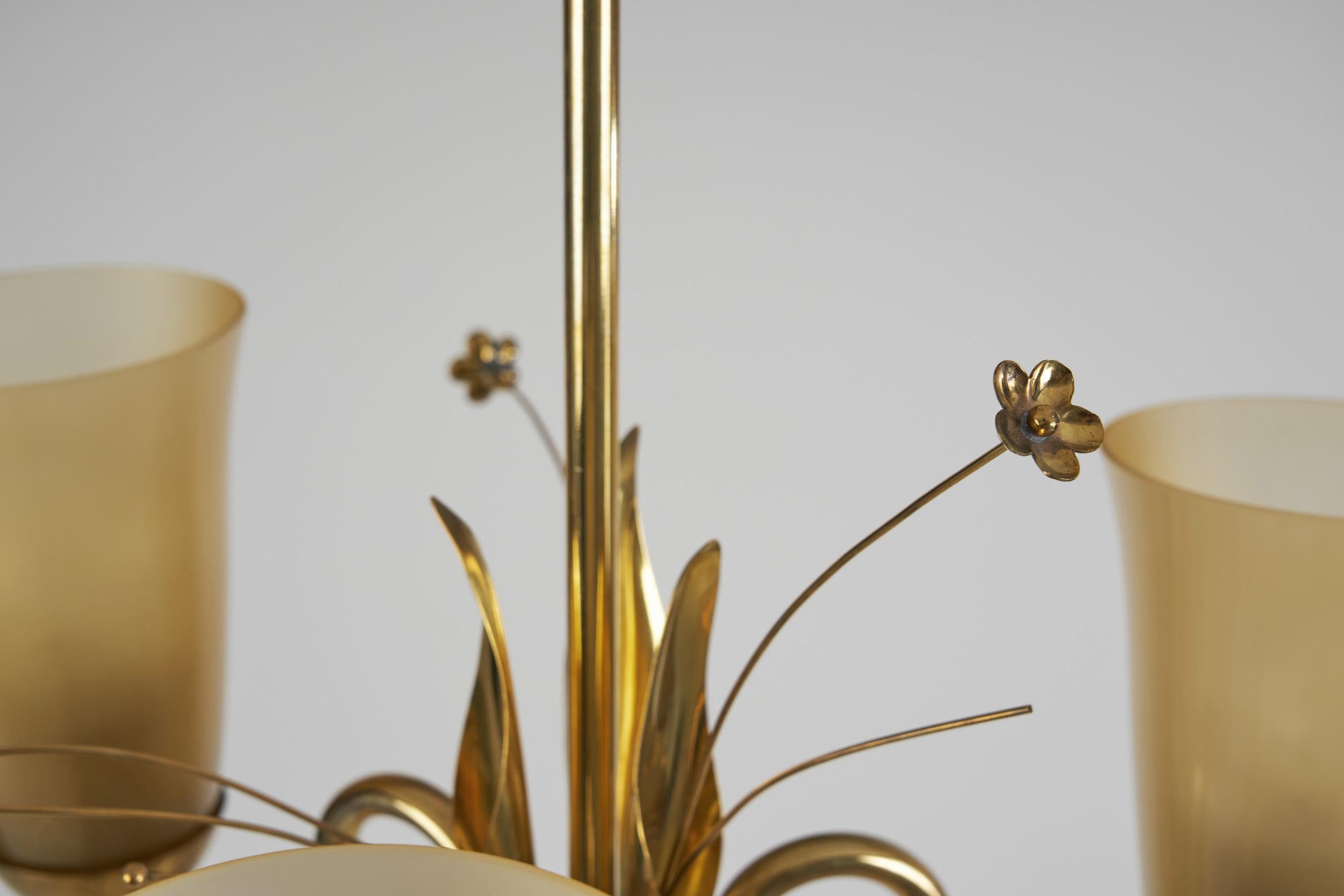 Brass Chandelier with Floral Decoration for Idman Oy, Finland, circa 1950s For Sale 5