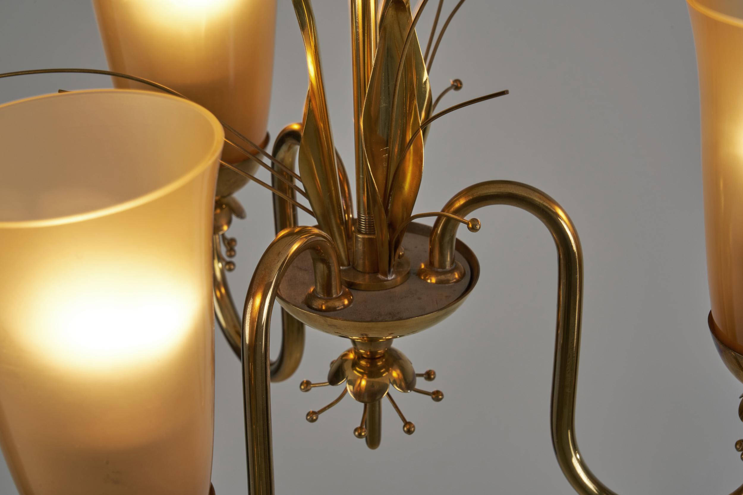 Brass Chandelier with Floral Decoration for Idman Oy, Finland, circa 1950s For Sale 8
