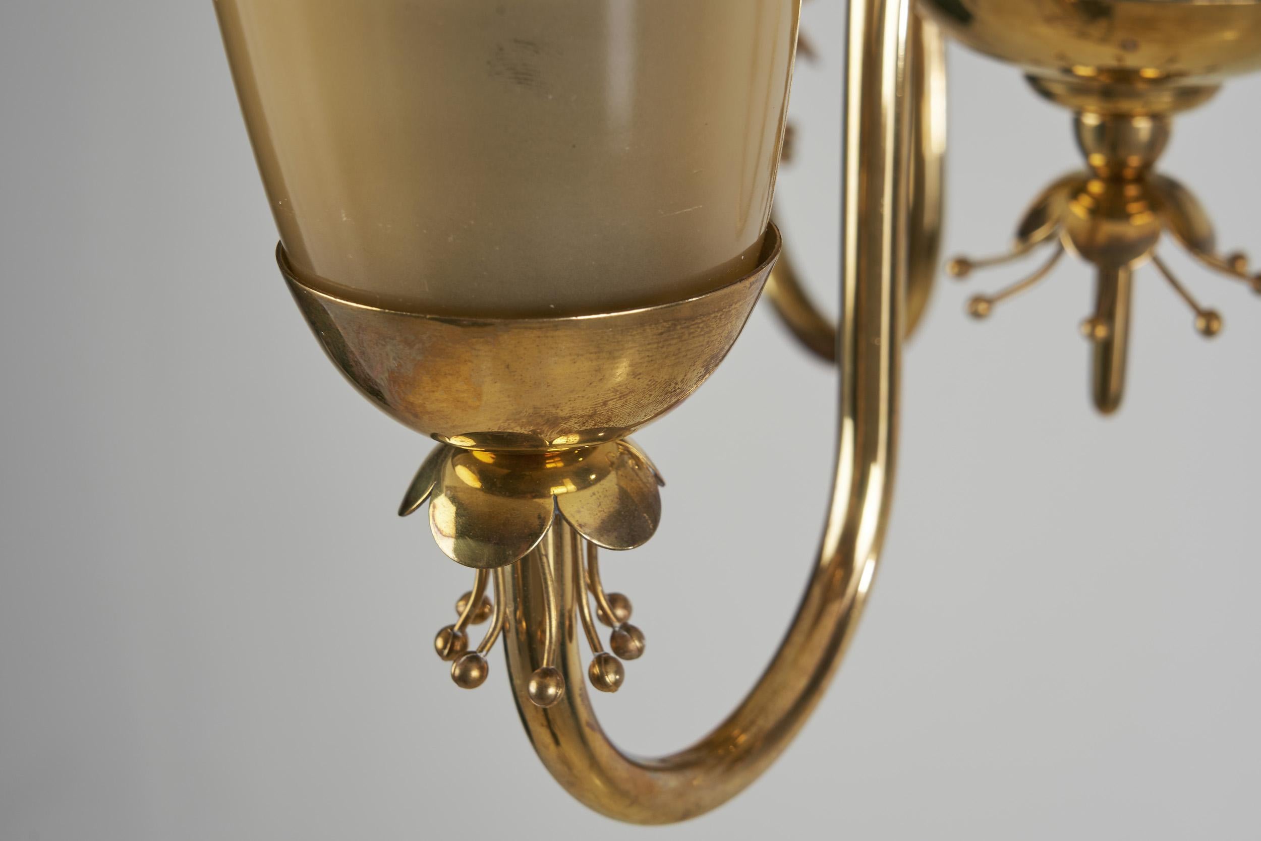 Brass Chandelier with Floral Decoration for Idman Oy, Finland, circa 1950s For Sale 11