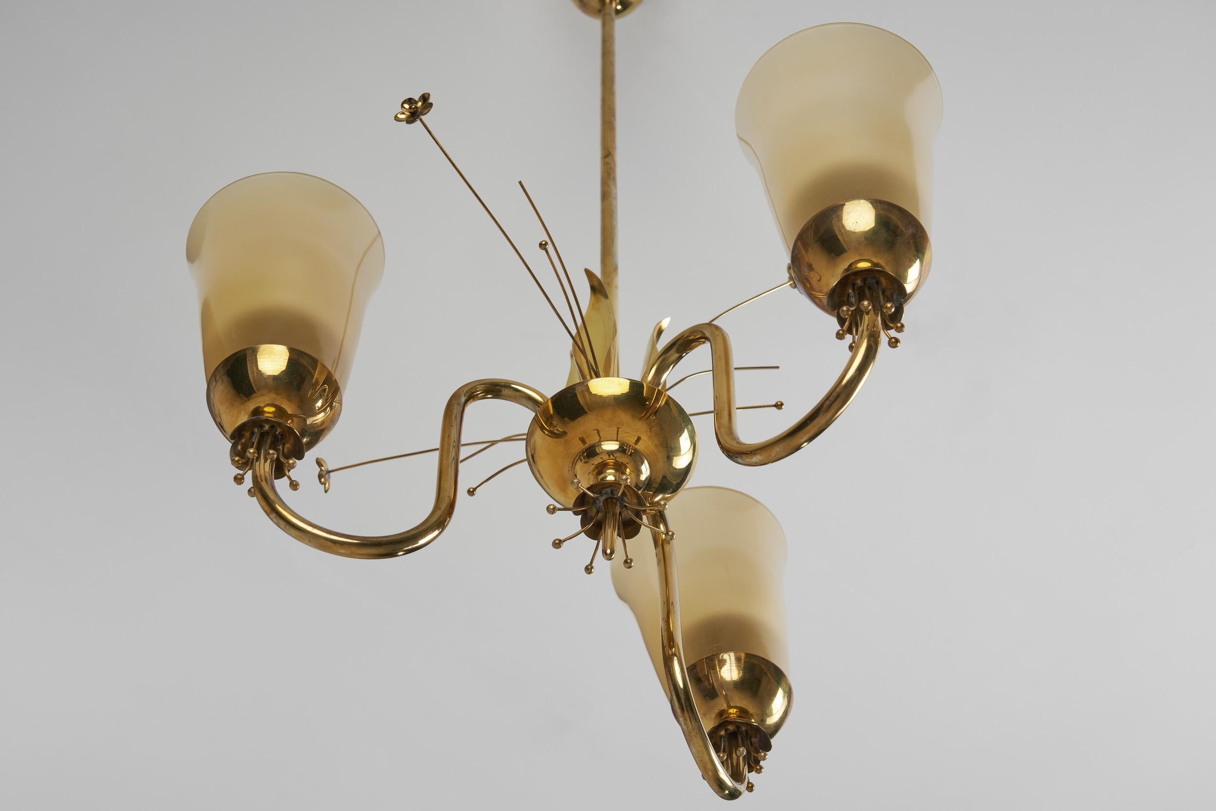 Brass Chandelier with Floral Decoration for Idman Oy, Finland, circa 1950s For Sale 12