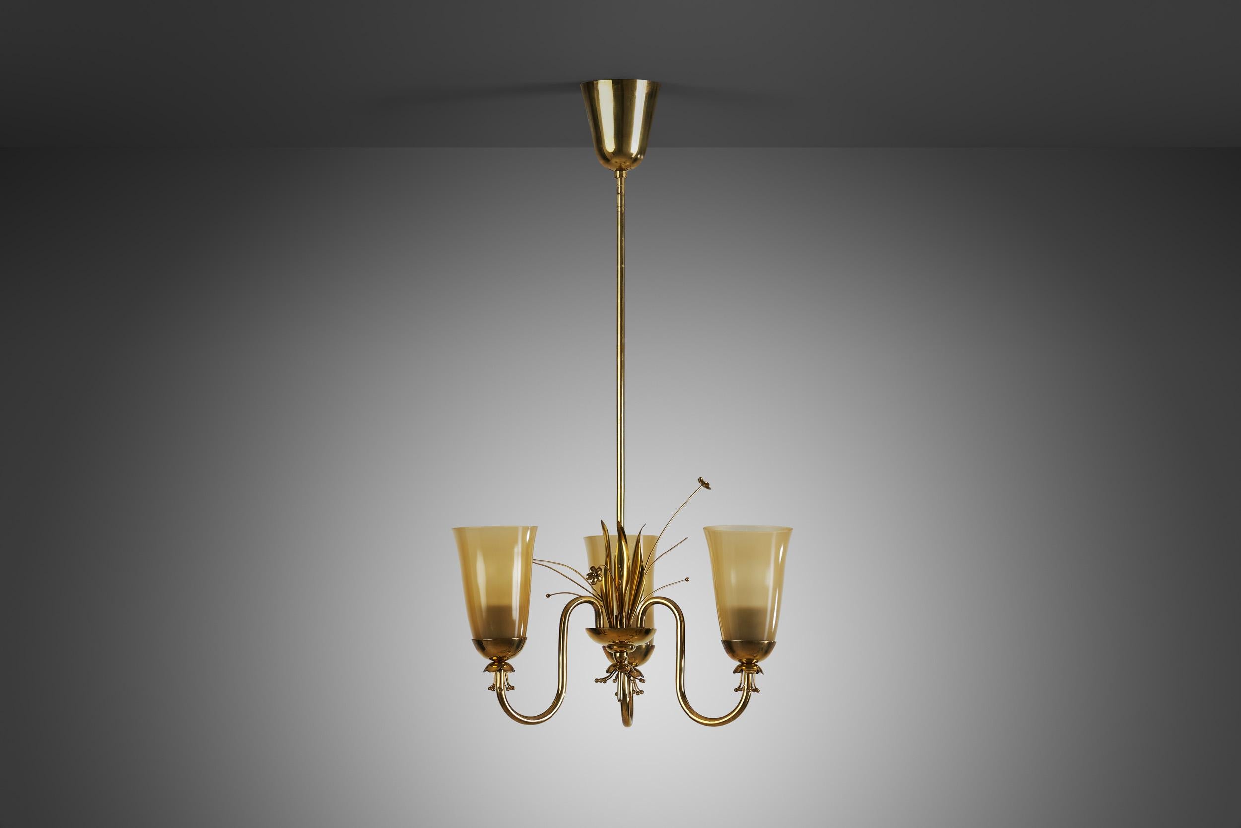 Brass Chandelier with Floral Decoration for Idman Oy, Finland, circa 1950s In Good Condition For Sale In Utrecht, NL