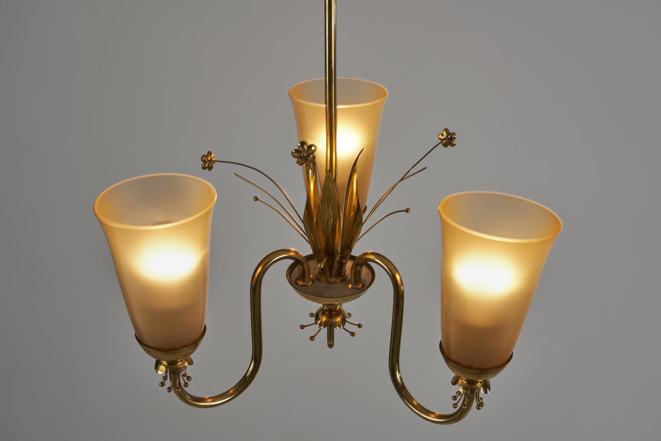 Brass Chandelier with Floral Decoration for Idman Oy, Finland, circa 1950s For Sale 2