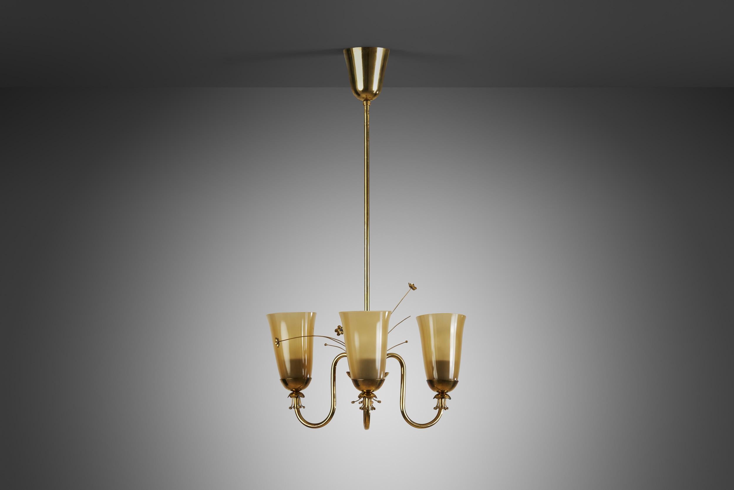Mid-Century Modern Brass Chandelier with Floral Decoration for Idman Oy, Finland, circa 1950s For Sale
