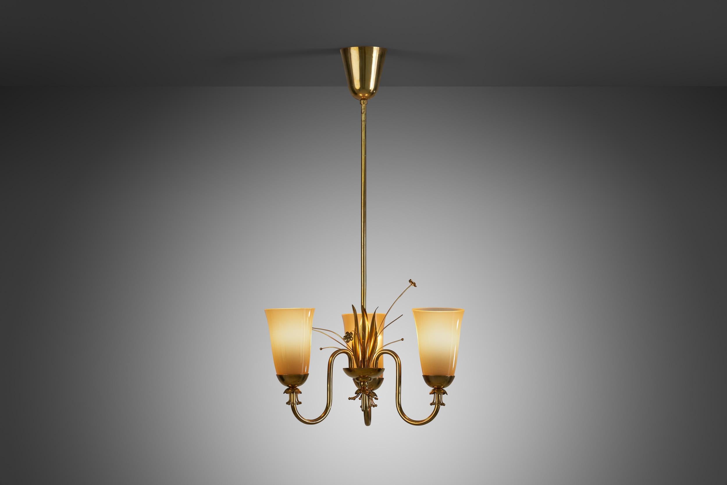 Finnish Brass Chandelier with Floral Decoration for Idman Oy, Finland, circa 1950s For Sale