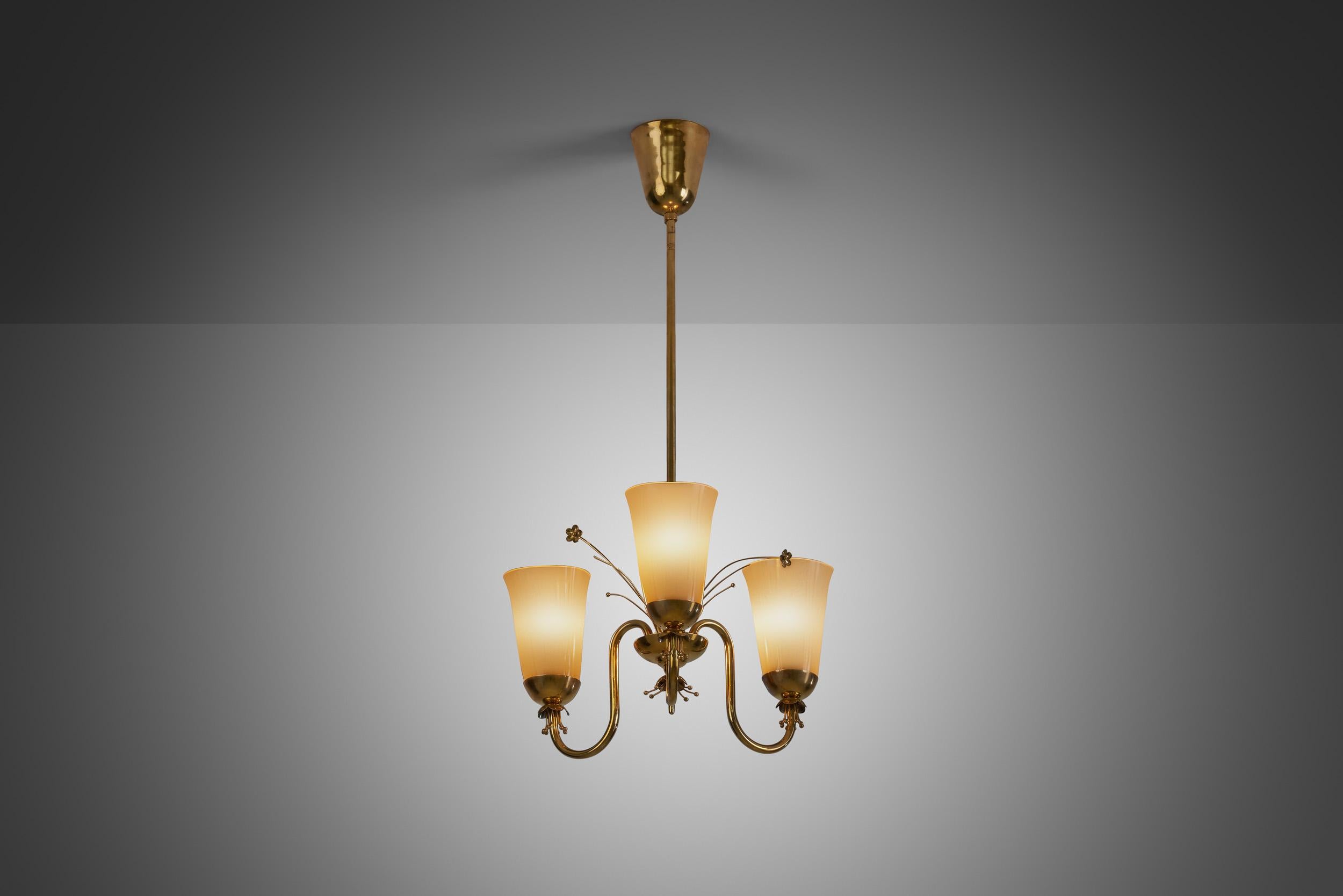 Mid-20th Century Brass Chandelier with Floral Decoration for Idman Oy, Finland, circa 1950s For Sale