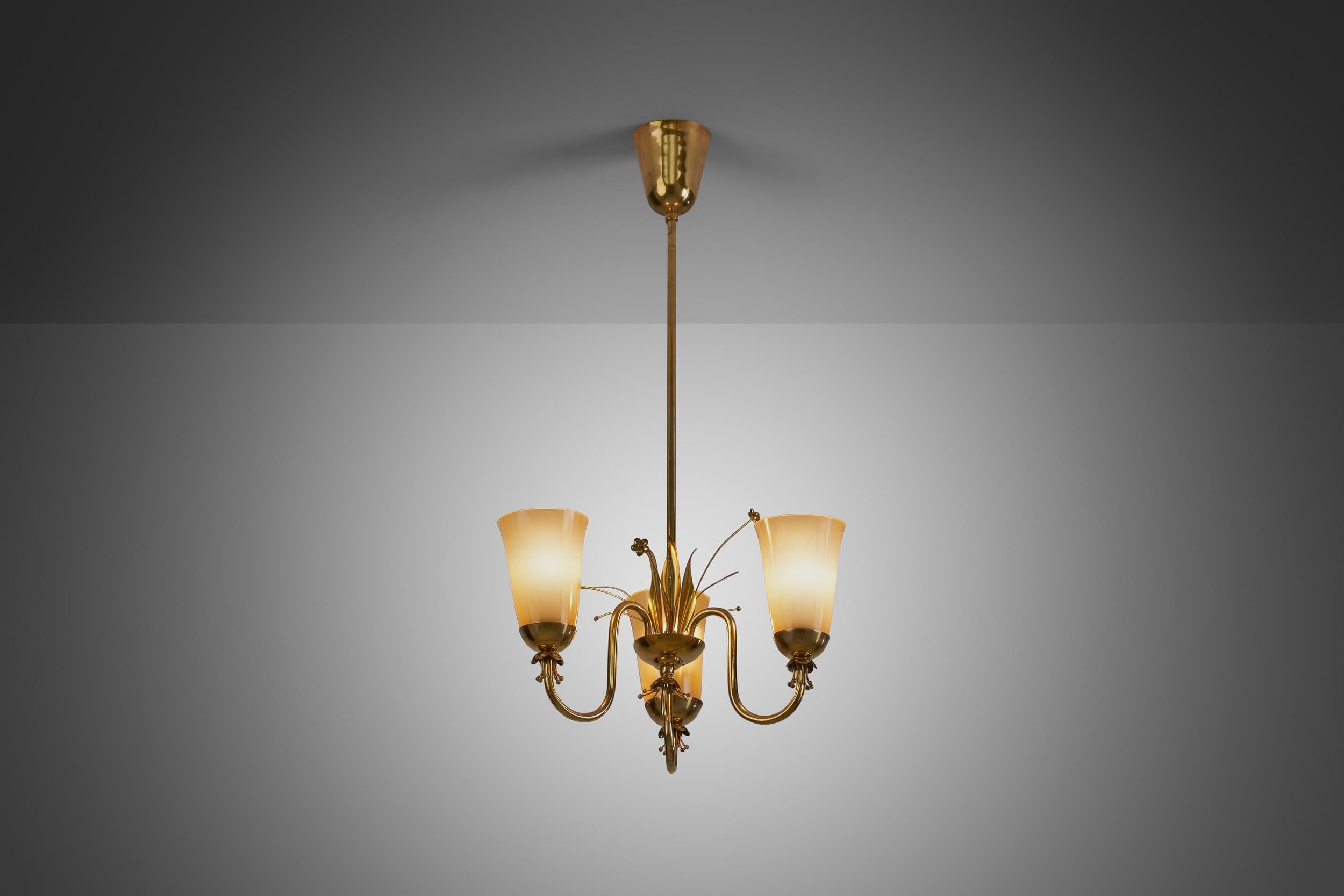 Brass Chandelier with Floral Decoration for Idman Oy, Finland, circa 1950s For Sale 1