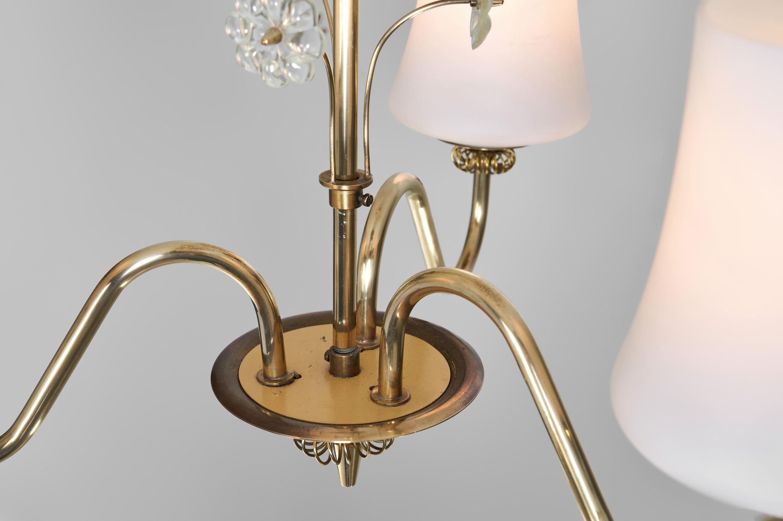 Brass Chandelier with Floral Details by Itsu, Finland ca 1950s For Sale 5