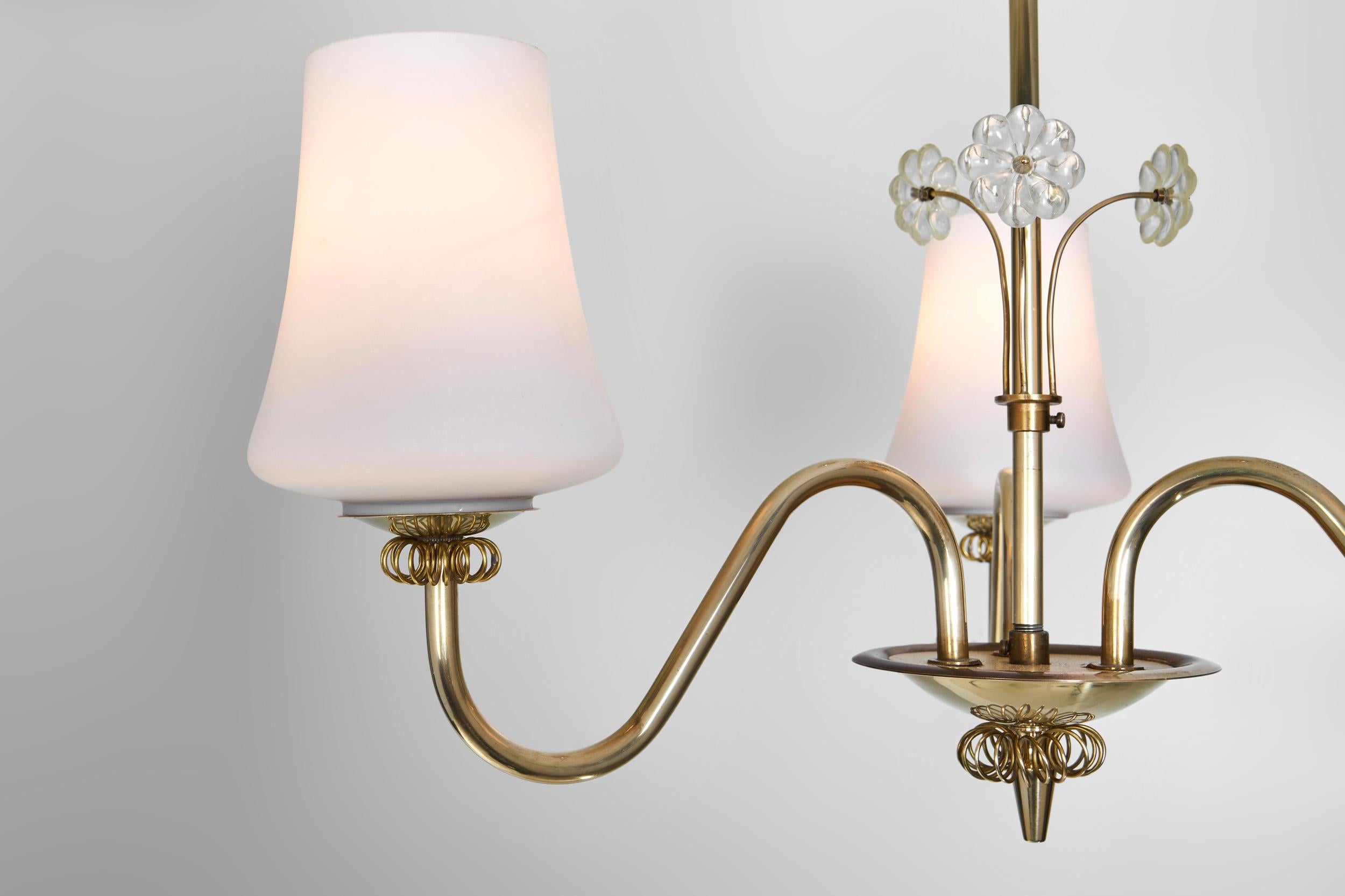 Brass Chandelier with Floral Details by Itsu, Finland ca 1950s For Sale 7