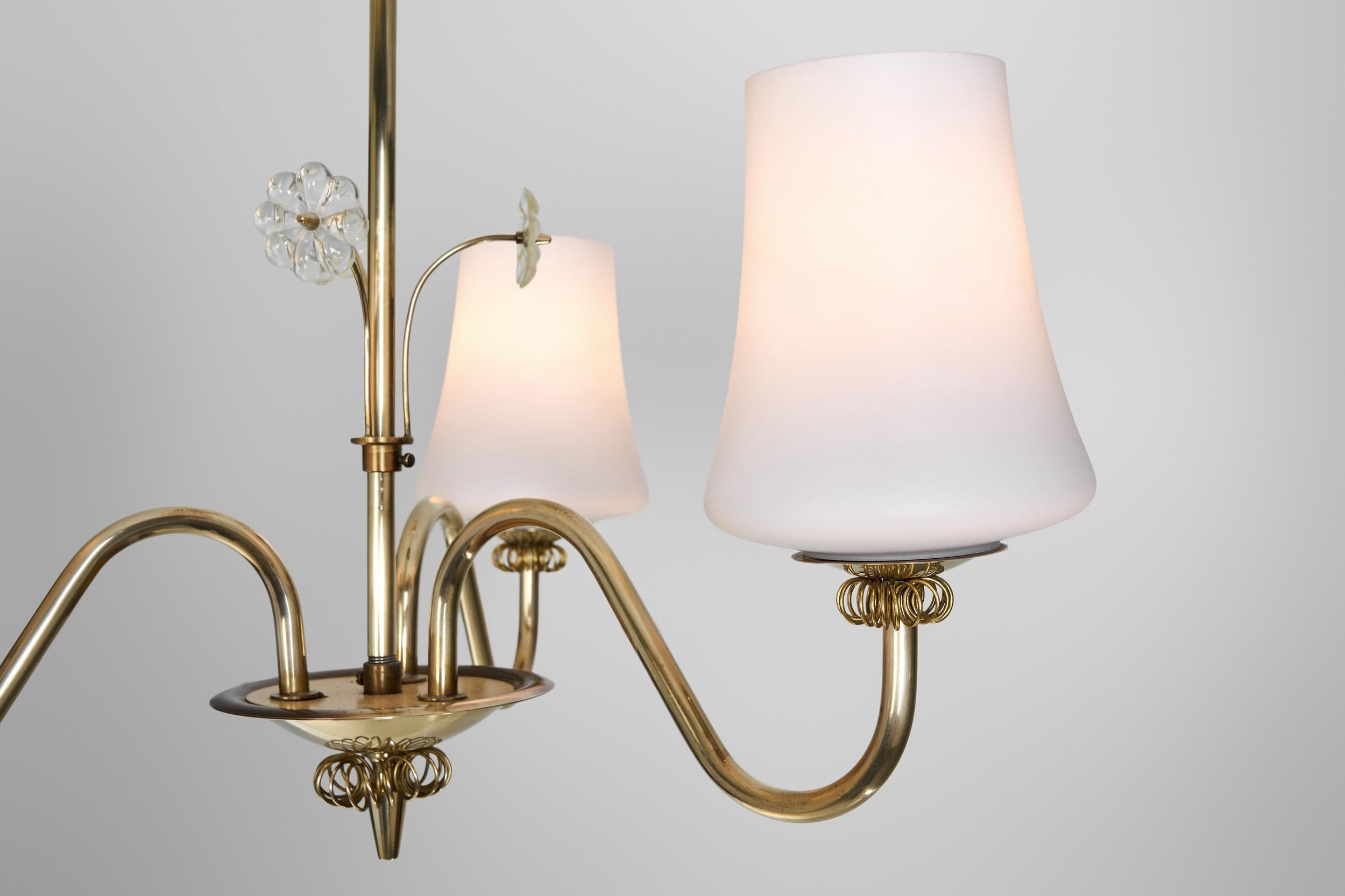 Brass Chandelier with Floral Details by Itsu, Finland ca 1950s For Sale 8
