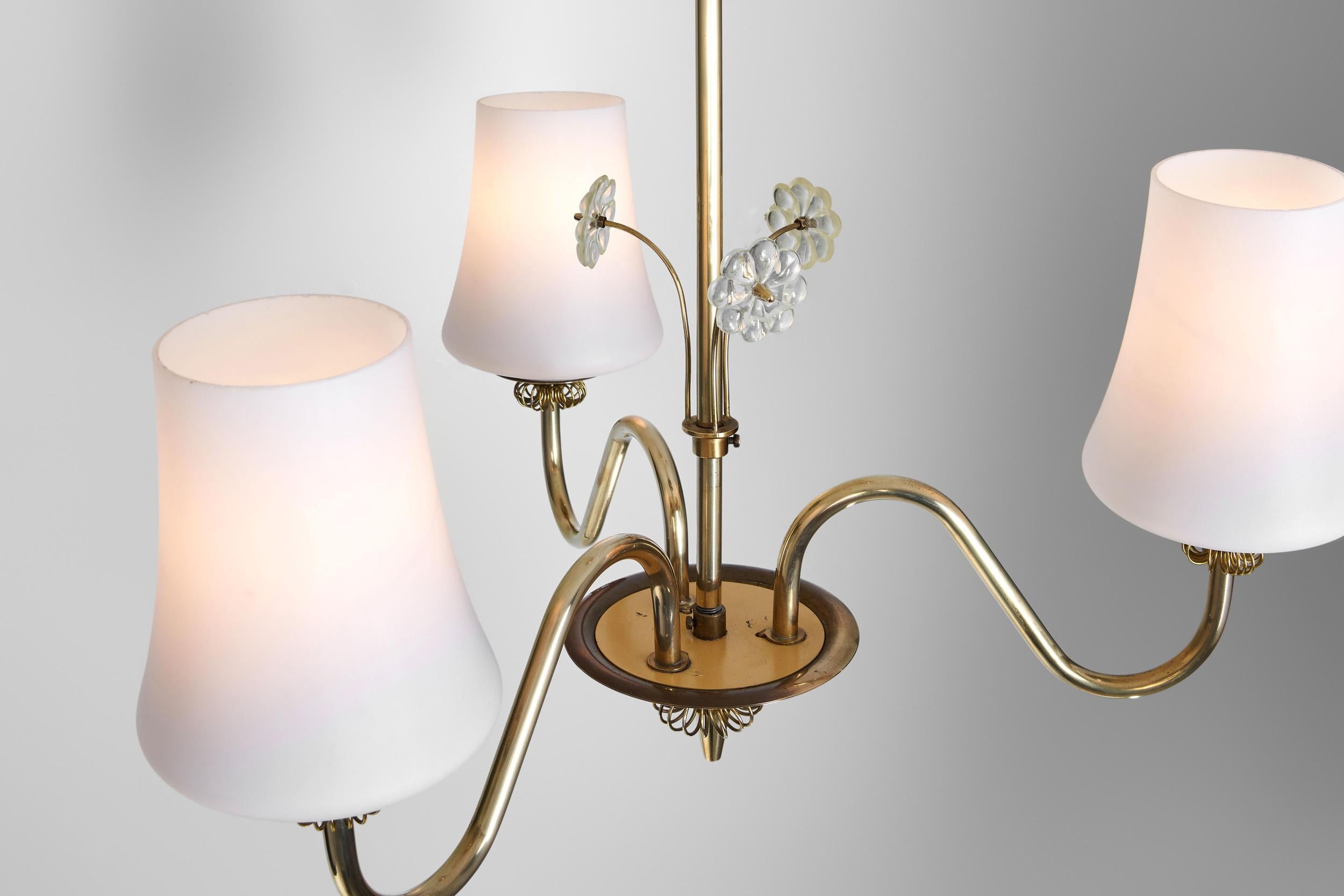 Brass Chandelier with Floral Details by Itsu, Finland ca 1950s For Sale 9