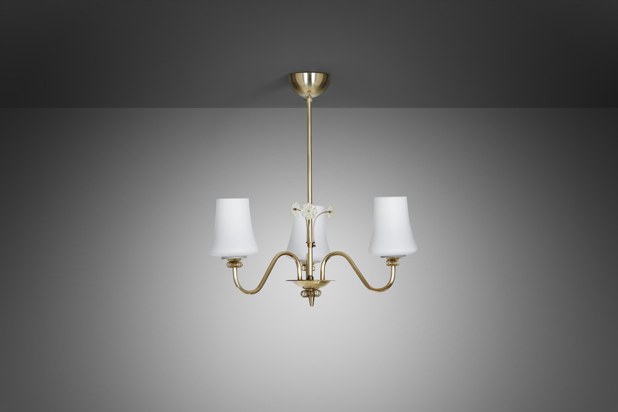 Mid-Century Modern Brass Chandelier with Floral Details by Itsu, Finland ca 1950s For Sale