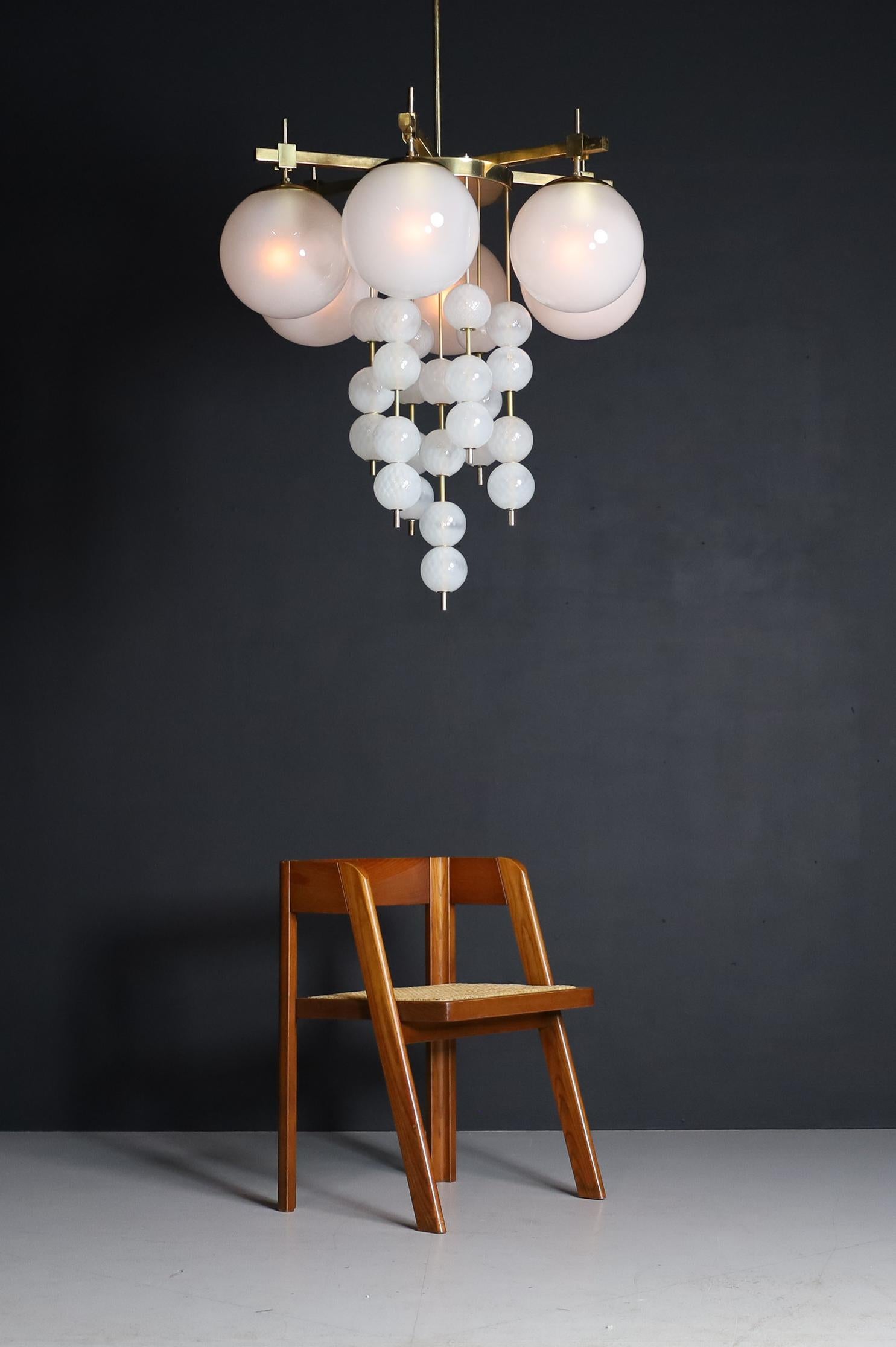 Brass Chandelier with Frosted Glass Globes, Czechia 1950s For Sale 6