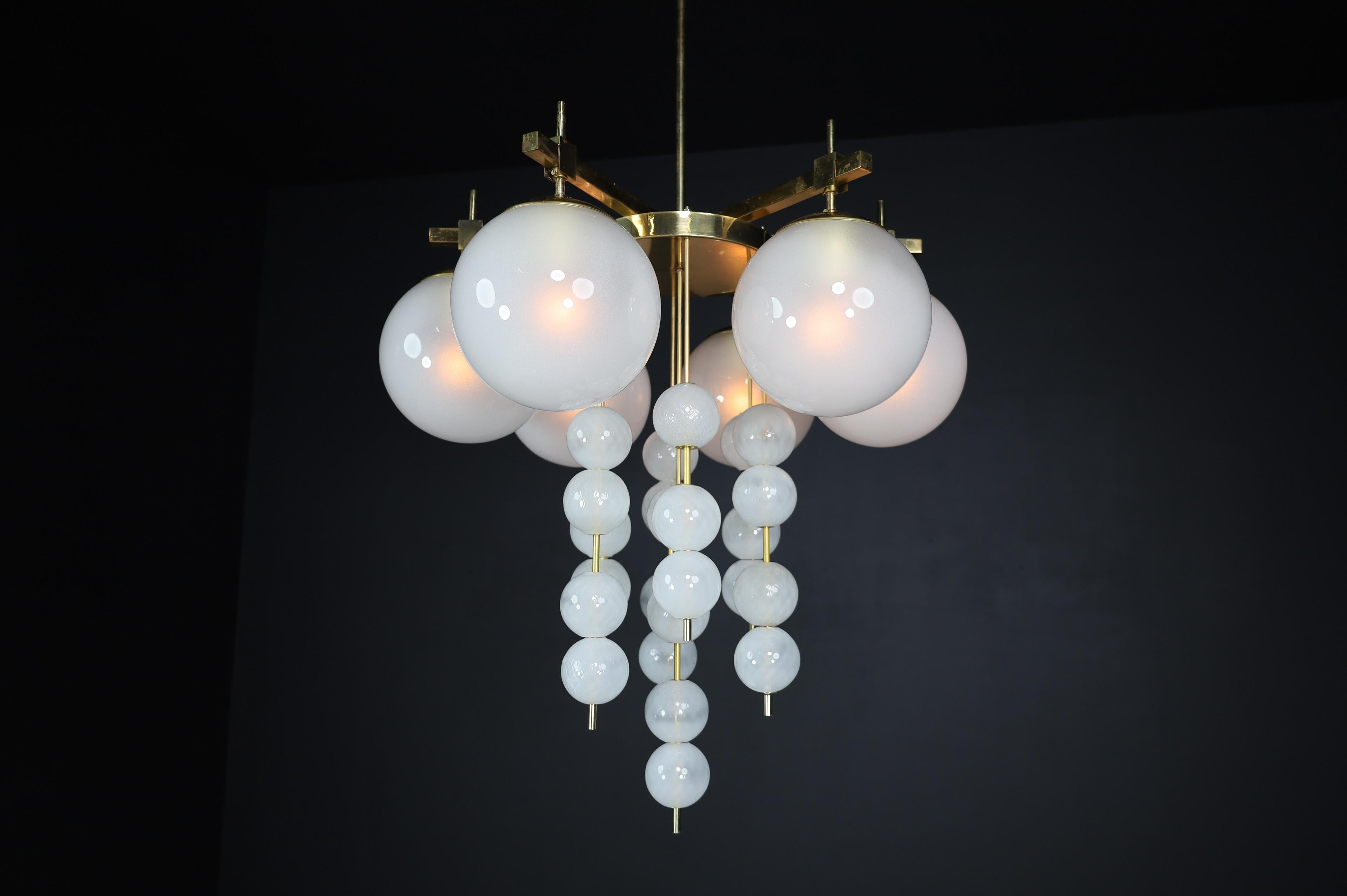Brass Chandelier with Frosted Glass Globes, Czechia 1950s For Sale 7