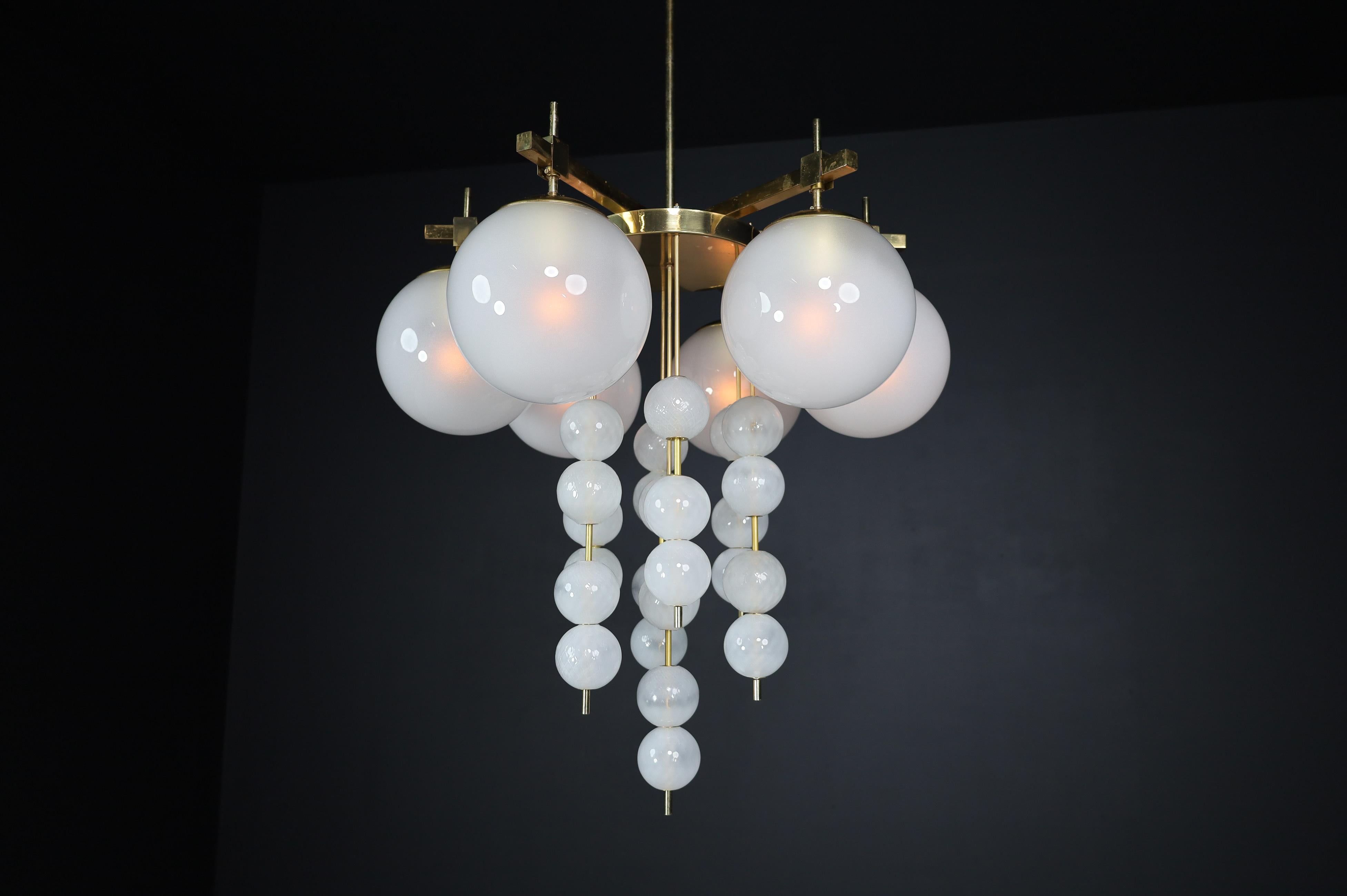 Brass Chandelier with Frosted Glass Globes, Czechia 1950s For Sale 8