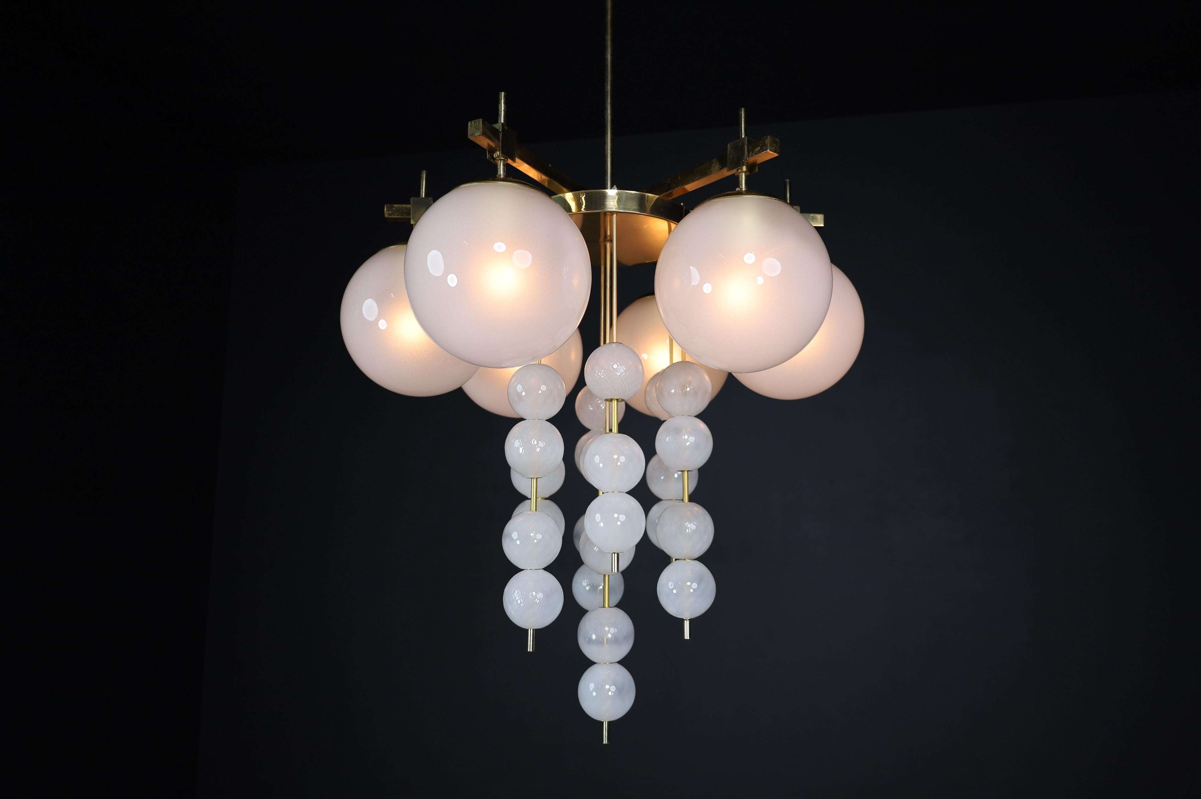 Brass Chandelier with Frosted Glass Globes, Czechia 1950s For Sale 9