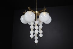 Brass Chandelier with Frosted Glass Globes, Czechia 1950s