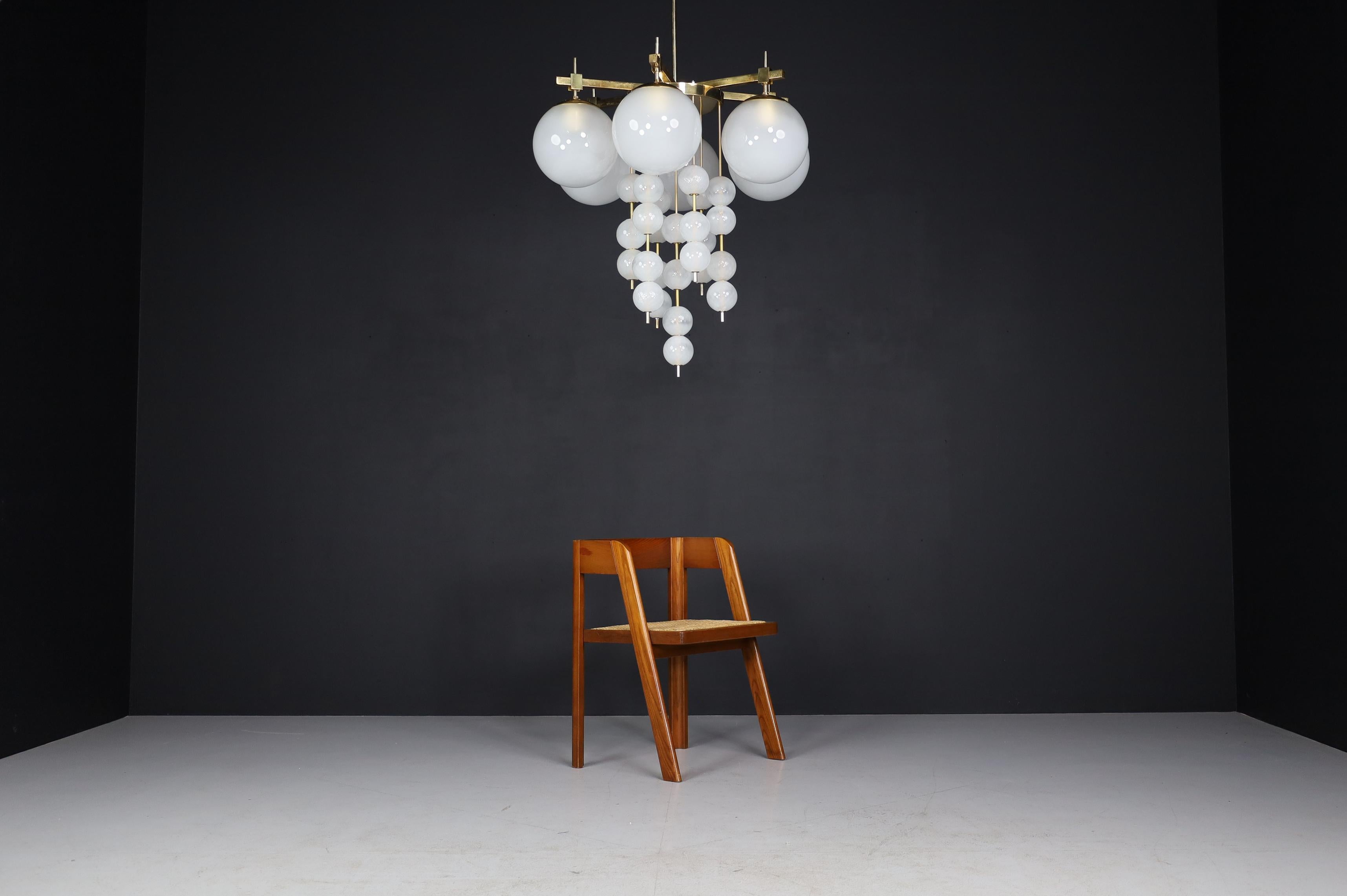 Mid-Century Modern Brass Chandelier with Frosted Glass Globes, Czechia 1950s For Sale