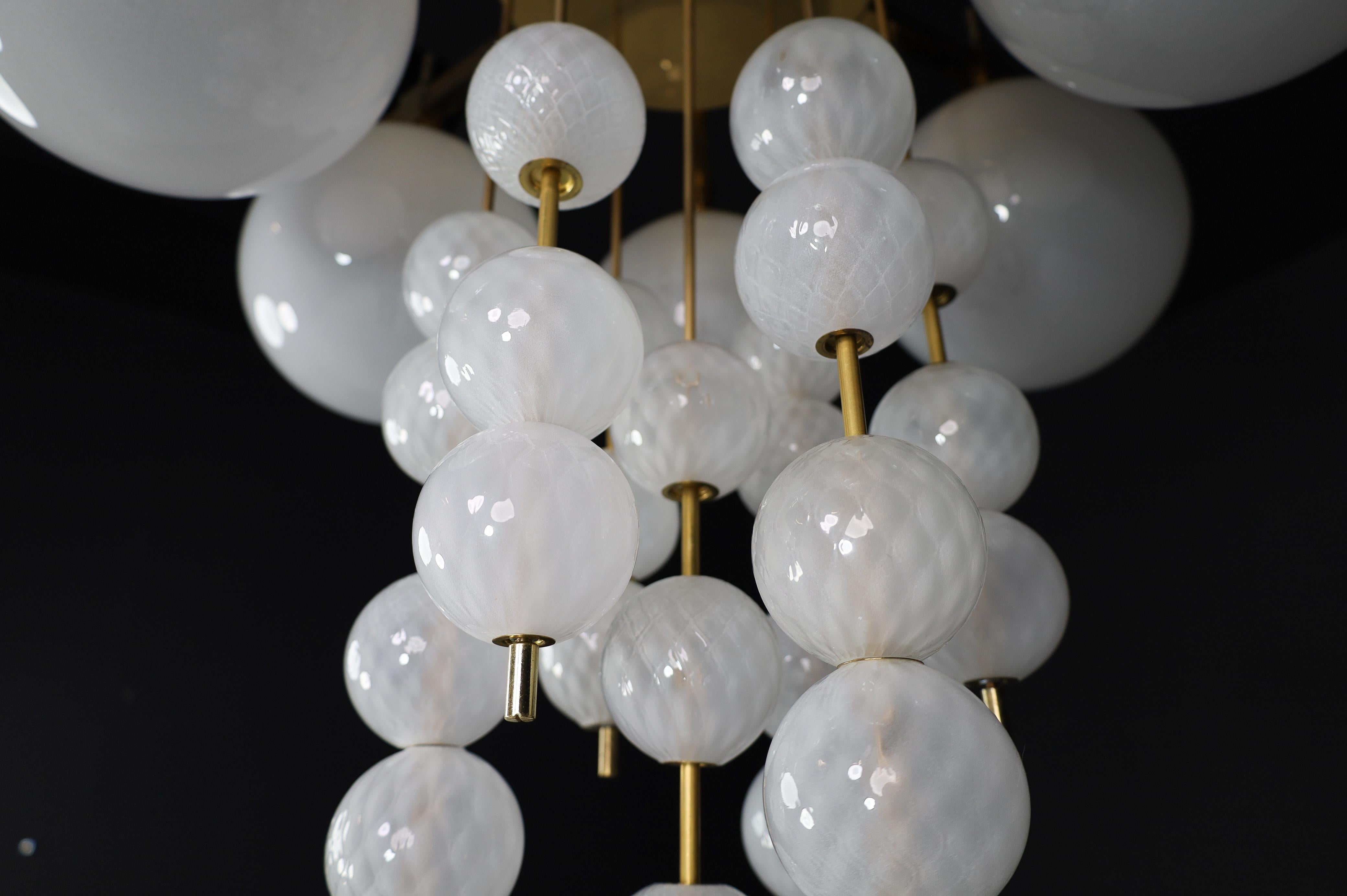 Brass Chandelier with Frosted Glass Globes, Czechia 1950s In Good Condition For Sale In Almelo, NL