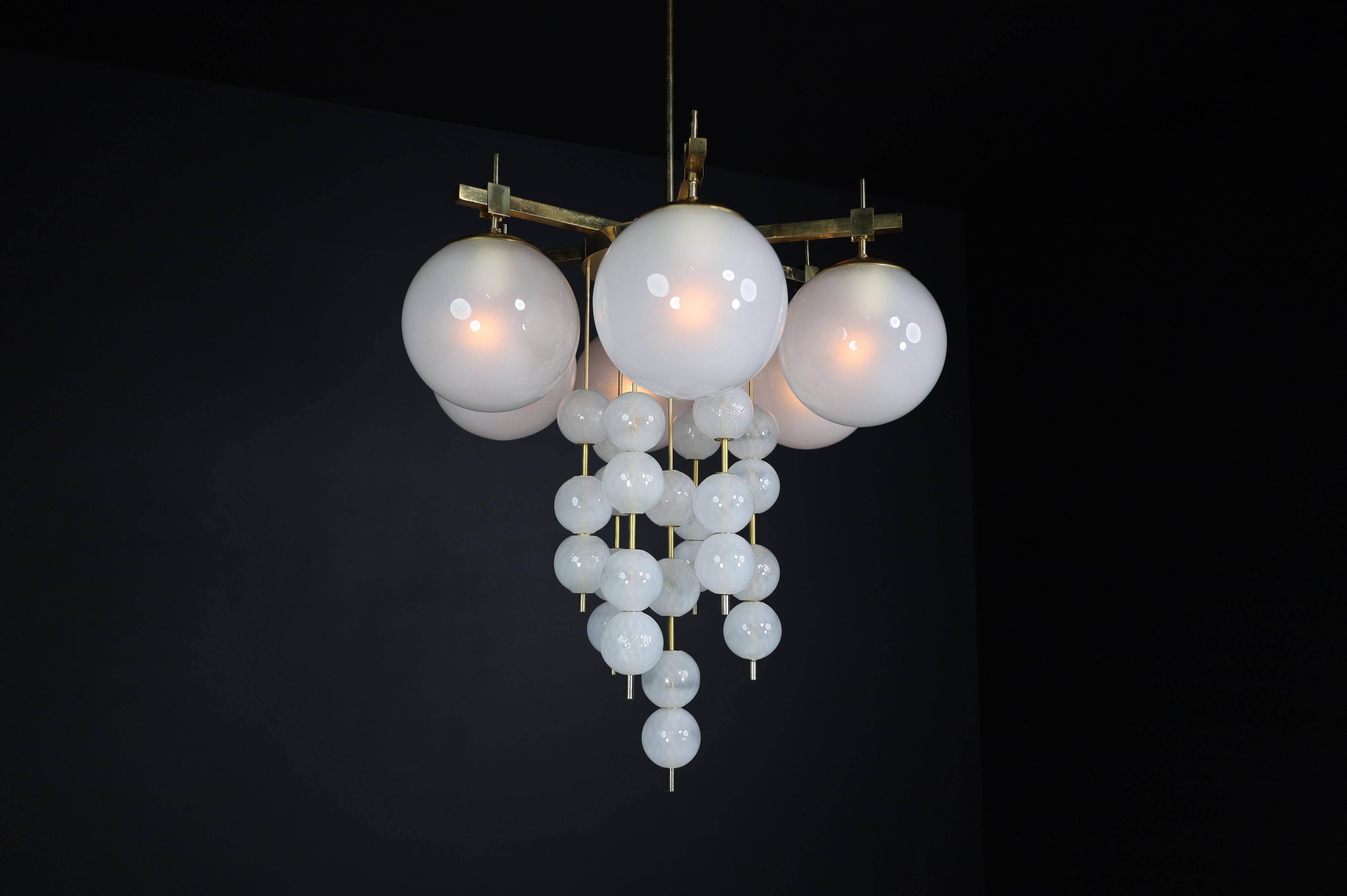20th Century Brass Chandelier with Frosted Glass Globes, Czechia 1950s For Sale