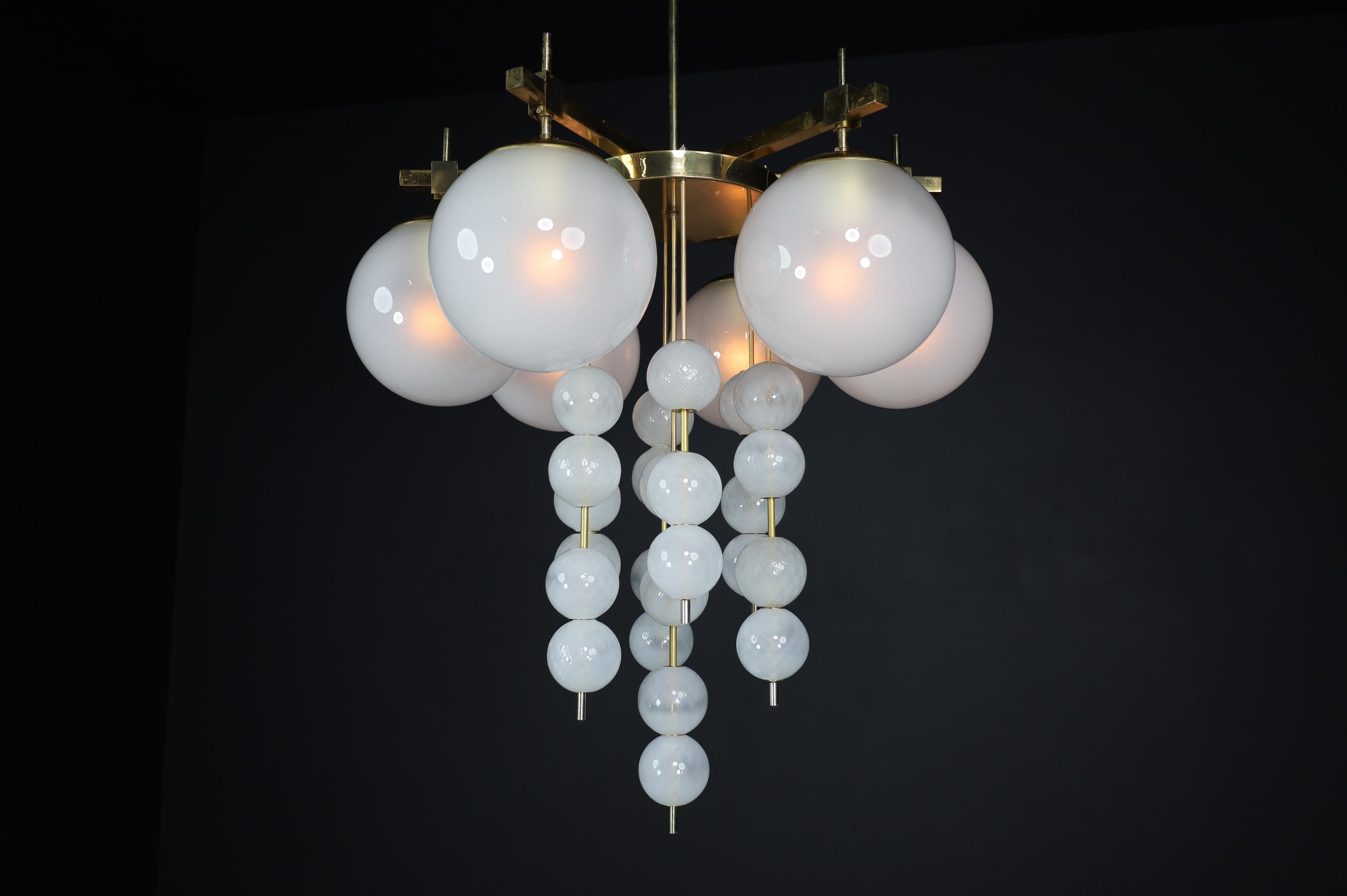 Brass Chandelier with Frosted Glass Globes, Czechia 1950s For Sale 1
