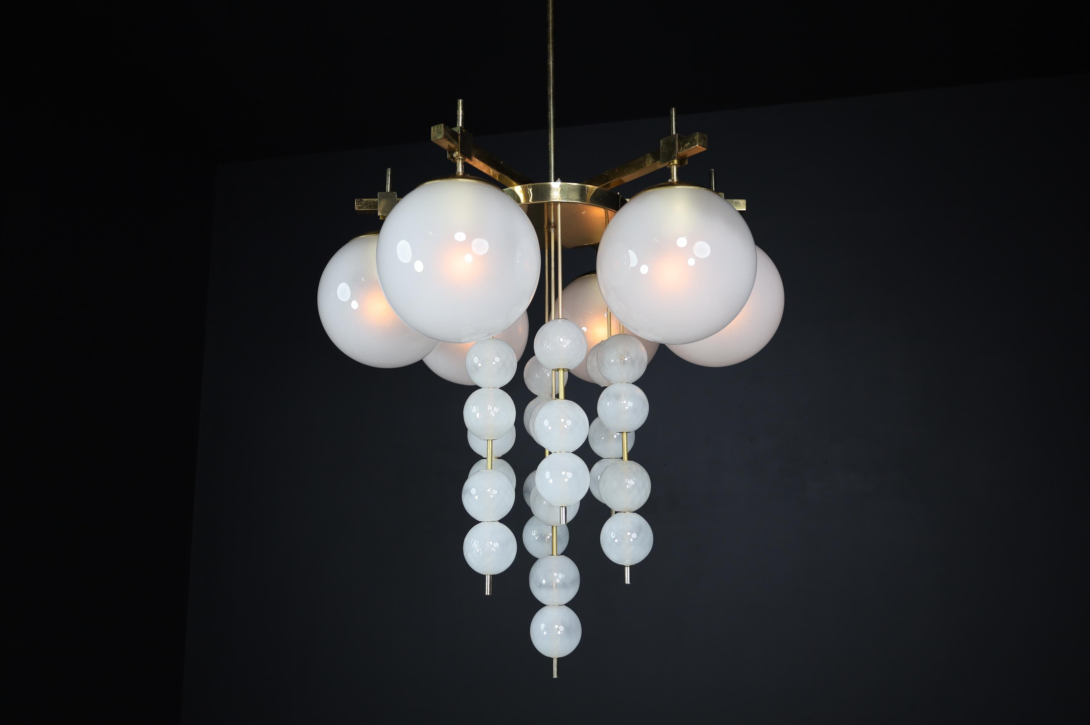 Brass Chandelier with Frosted Glass Globes, Czechia 1950s For Sale 2