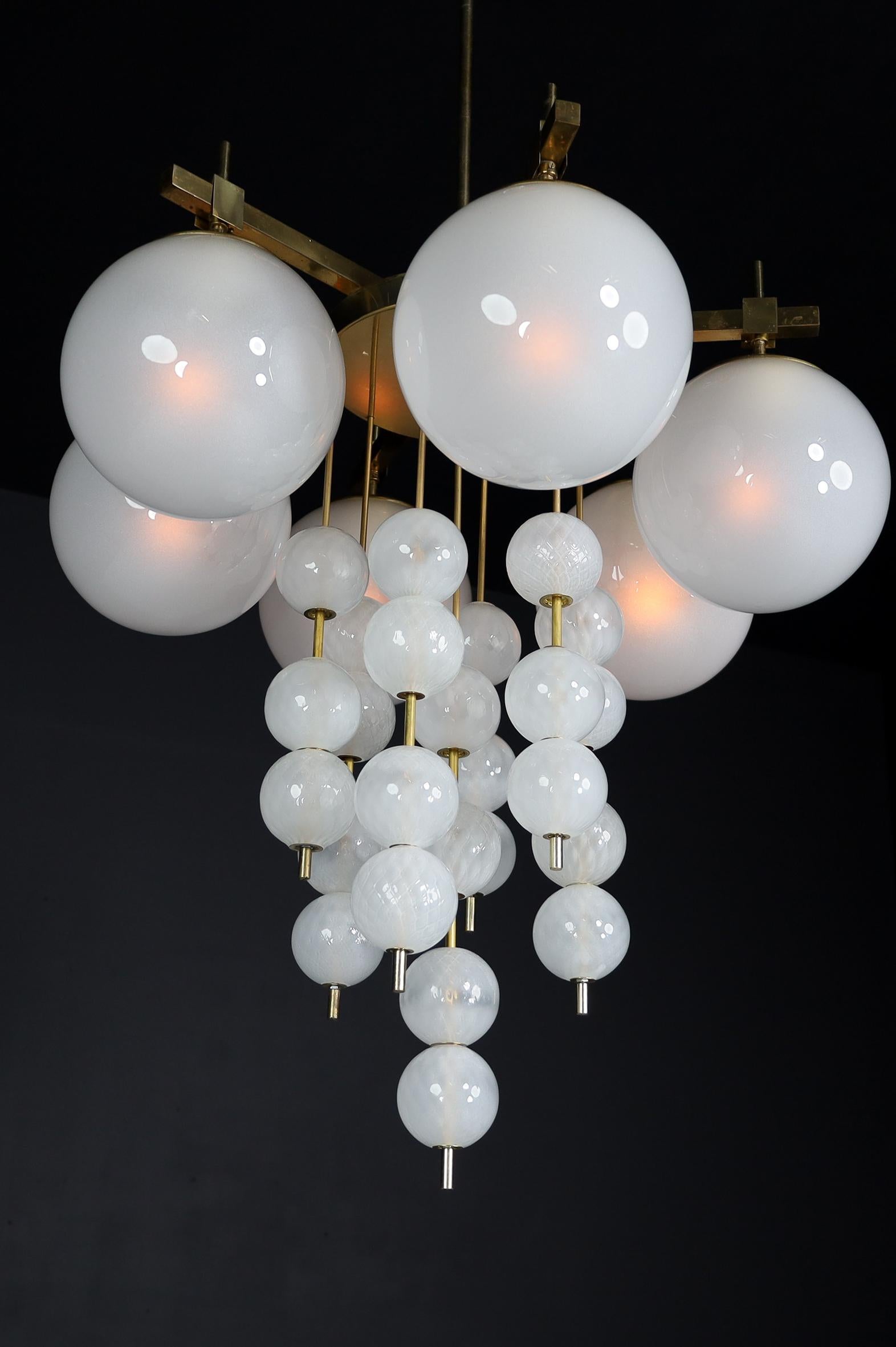 Brass Chandelier with Frosted Glass Globes, Czechia 1950s For Sale 3