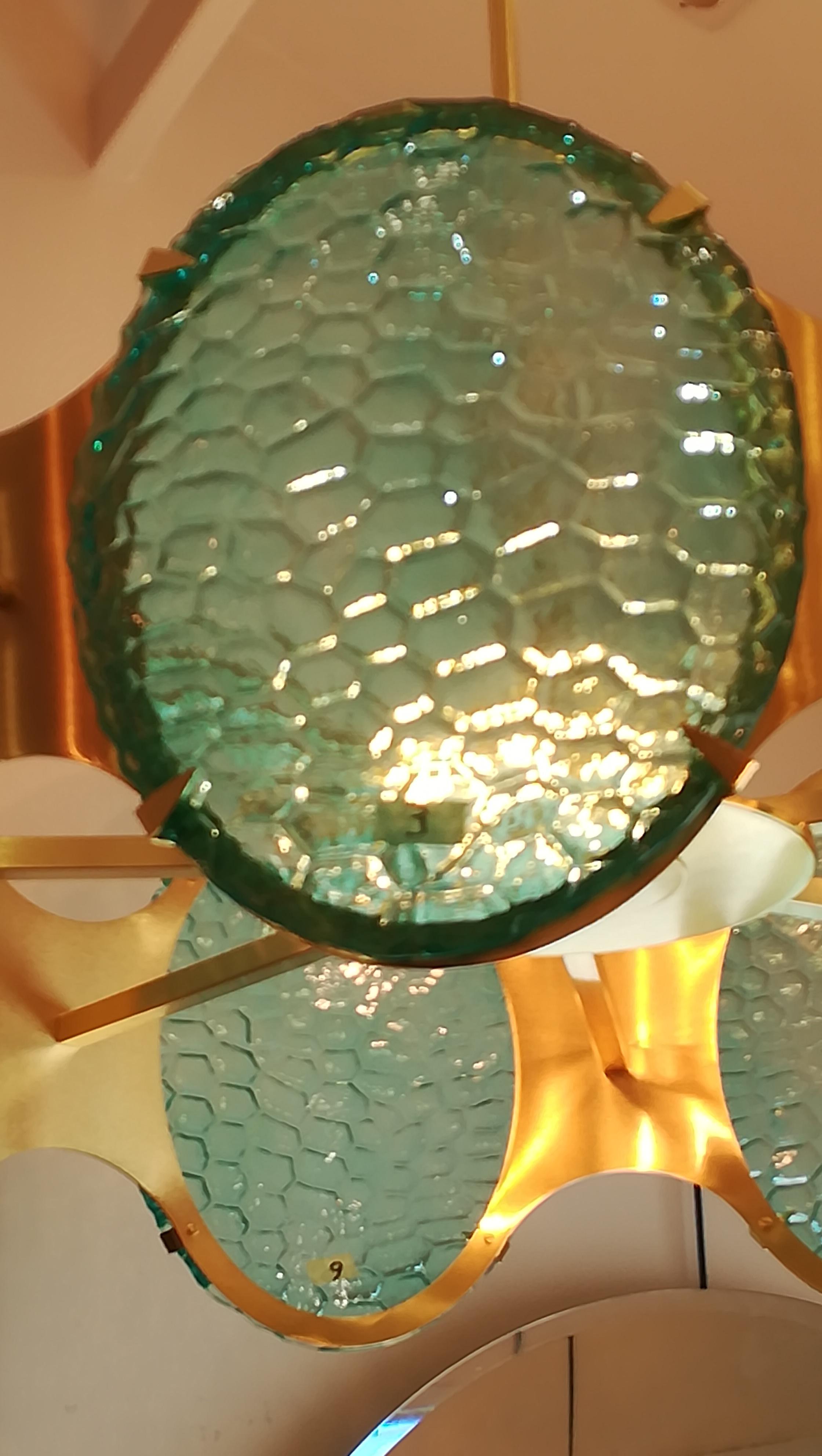 Brass Chandelier With Green Murano Glass Cabochons For Sale 5
