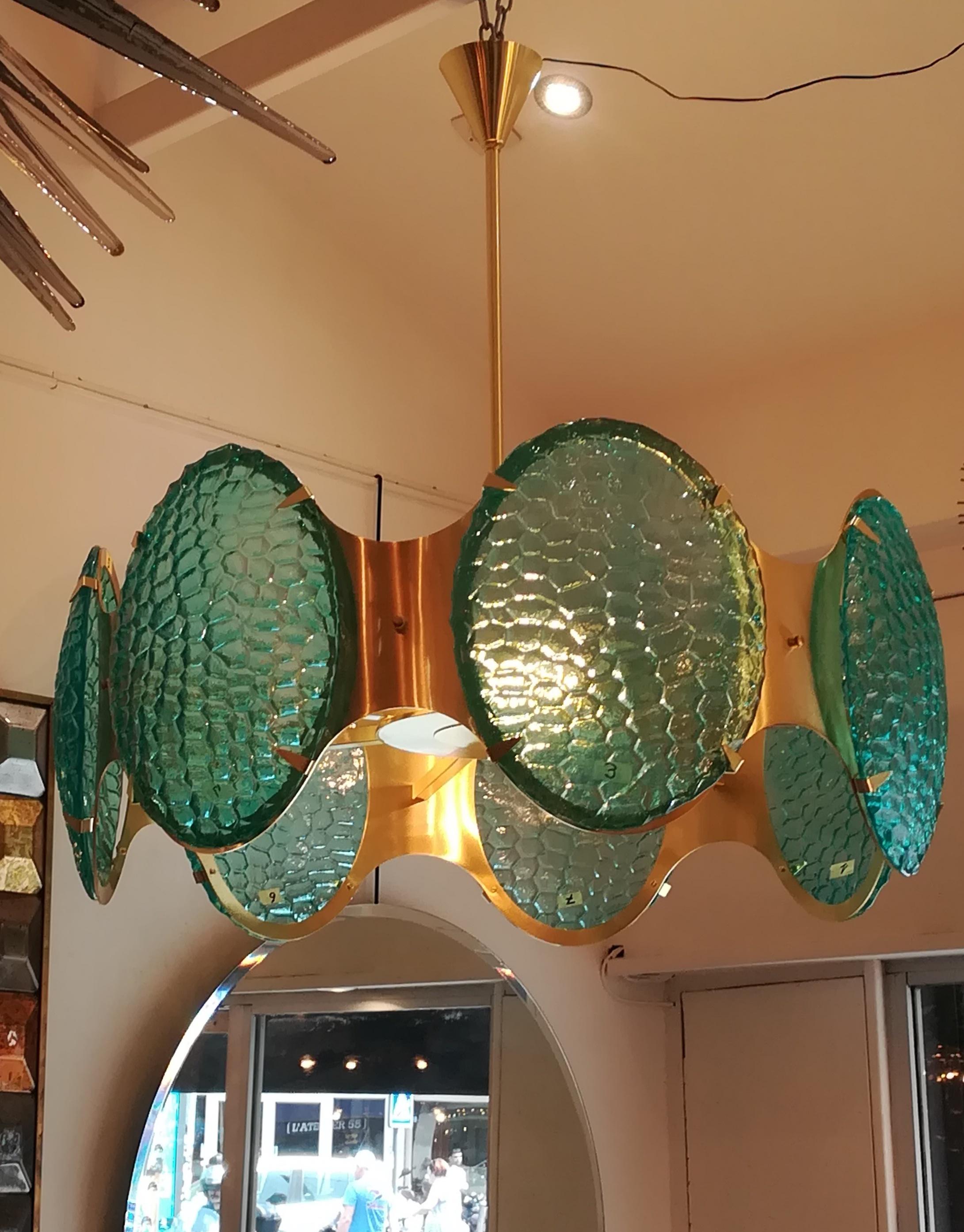 Brass Chandelier With Green Murano Glass Cabochons For Sale 6