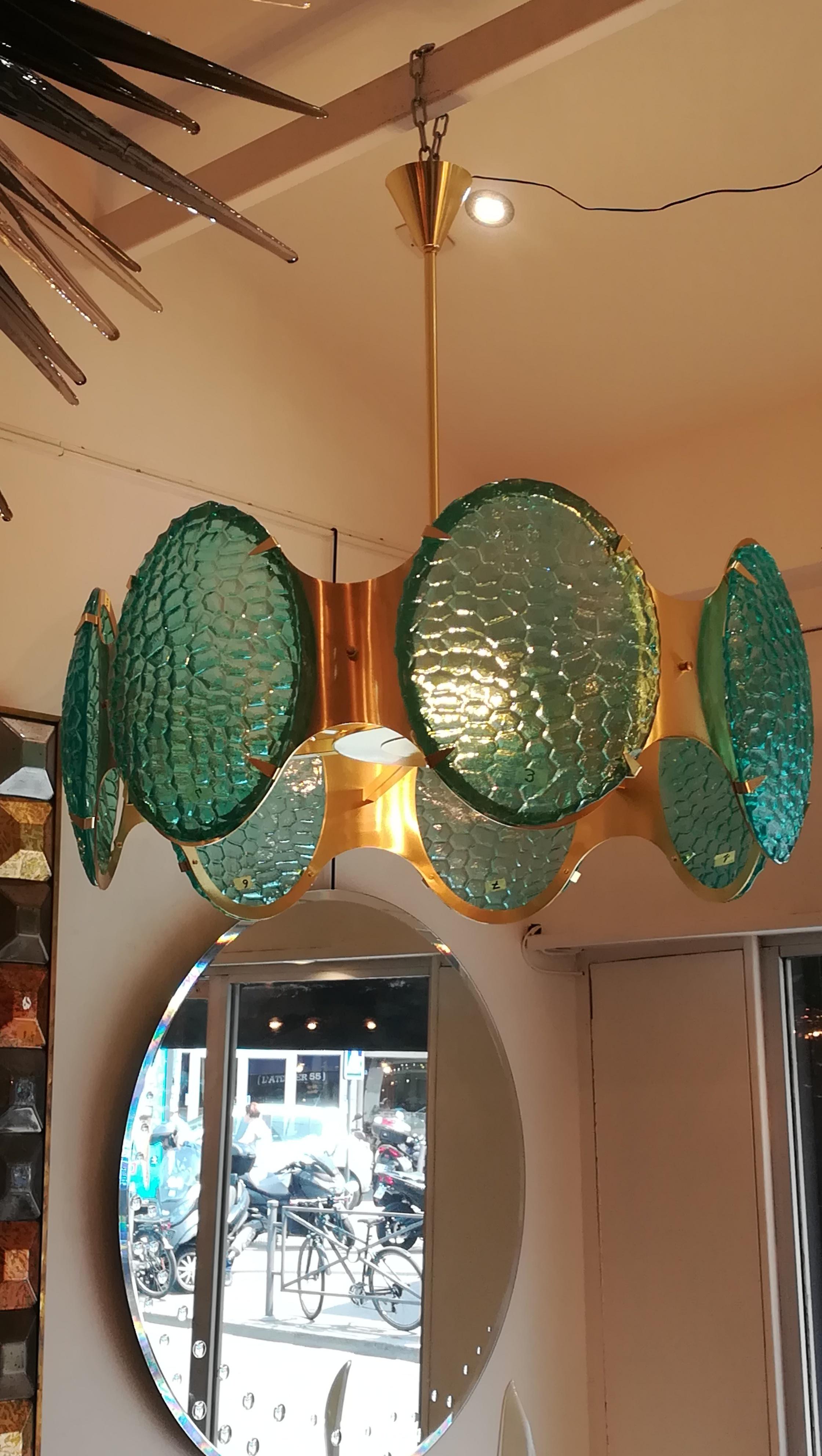 Brass Chandelier With Green Murano Glass Cabochons For Sale 7