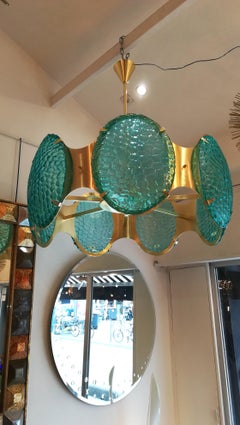 Brass Chandelier With Green Murano Glass Cabochons