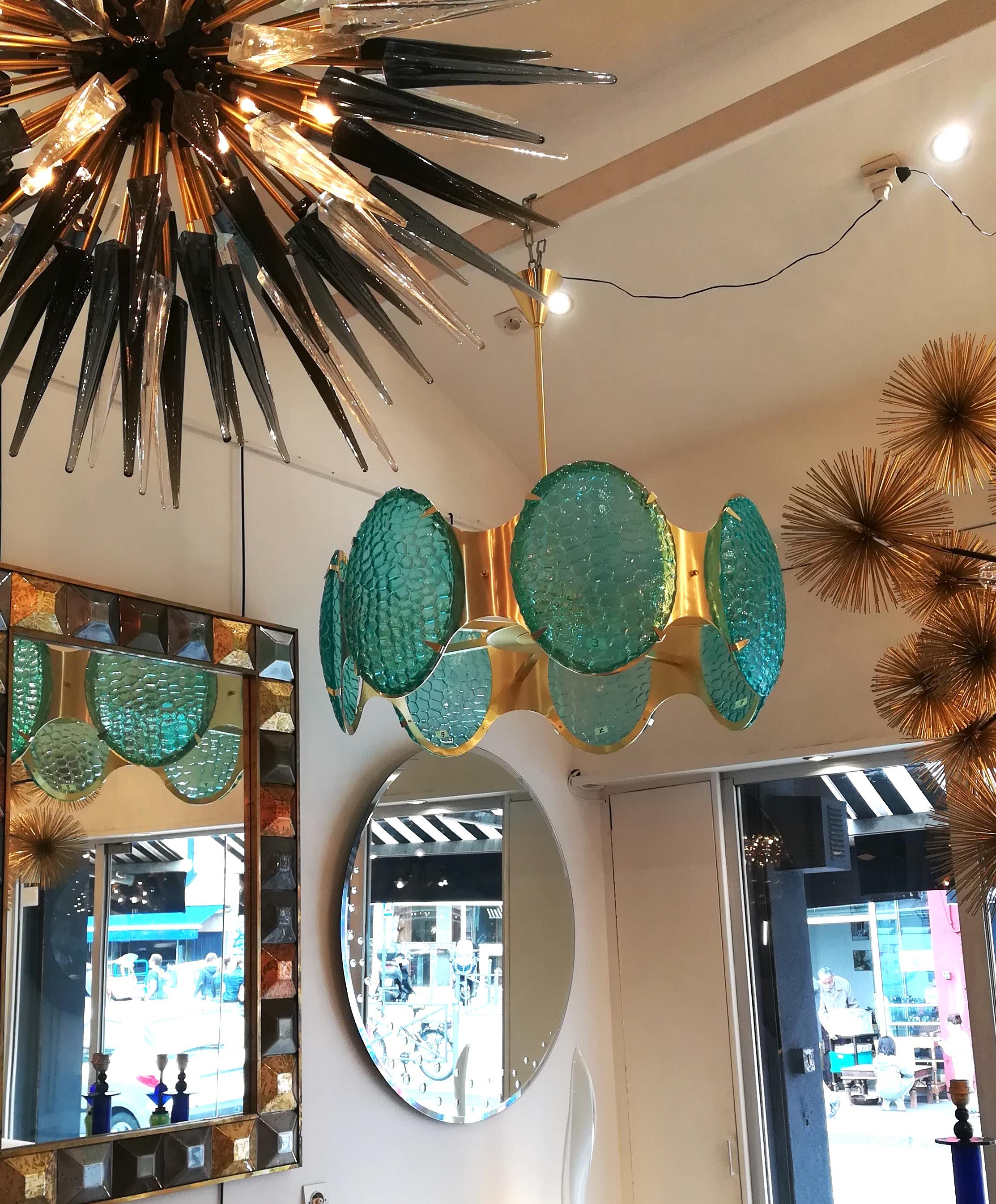 Italian Brass Chandelier With Green Murano Glass Cabochons For Sale