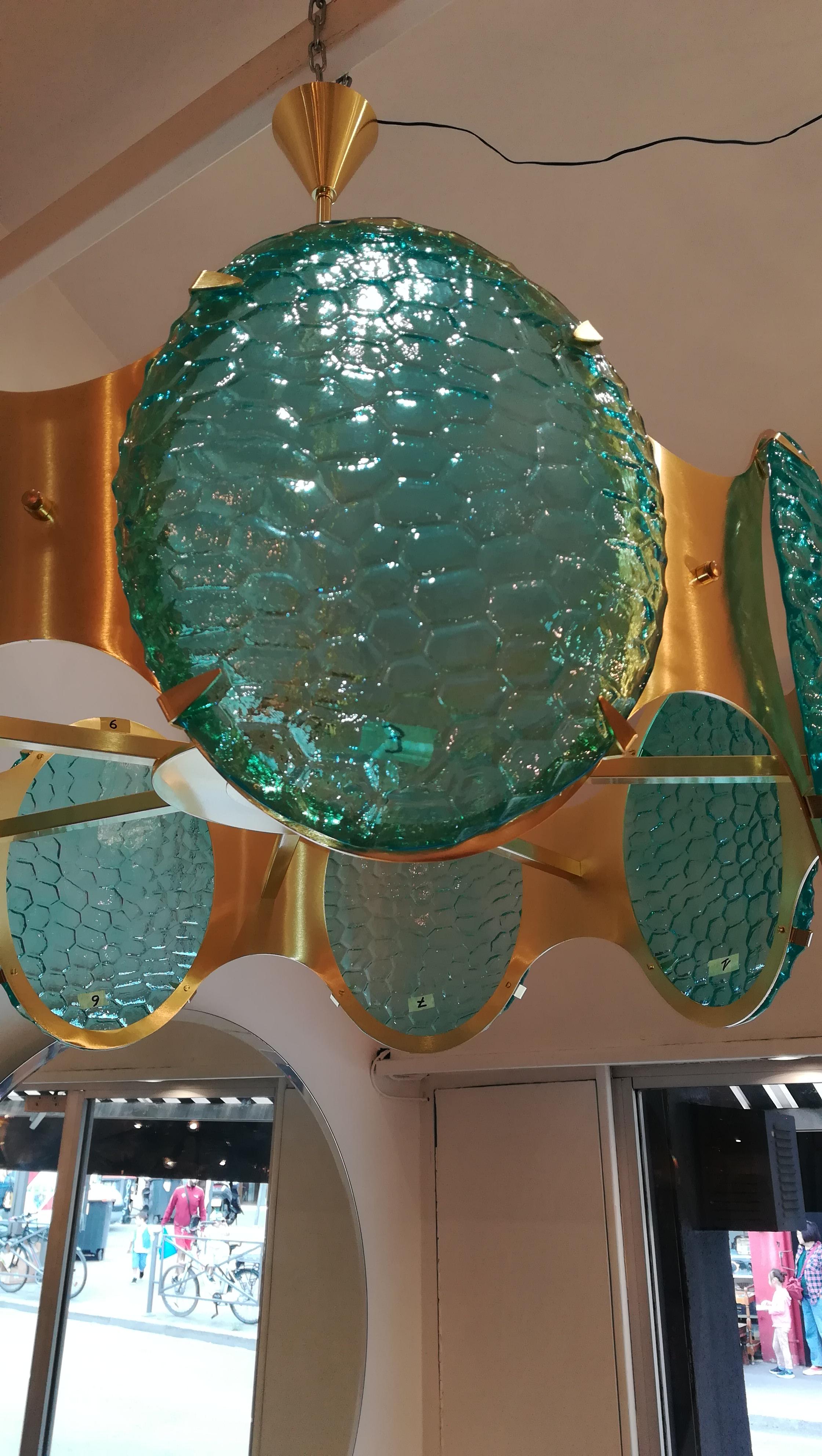 Contemporary Brass Chandelier With Green Murano Glass Cabochons For Sale