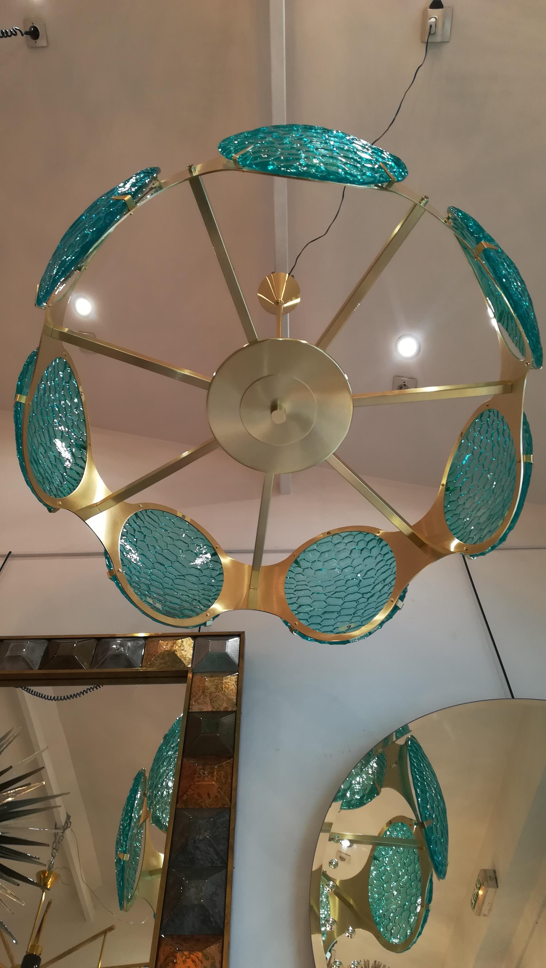 Brass Chandelier With Green Murano Glass Cabochons For Sale 1
